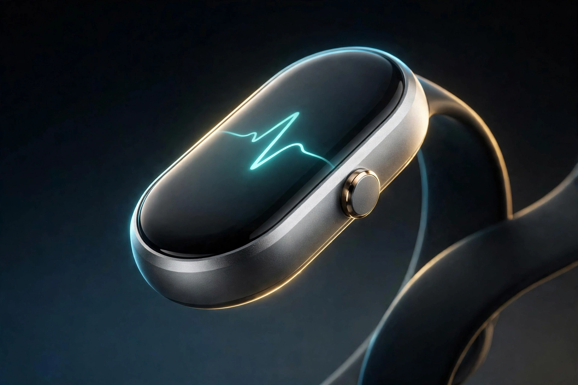 Close-up of the Fitbit Edge oval AMOLED display showing an ECG heart rhythm readout with a golden metal side button on an aluminum body