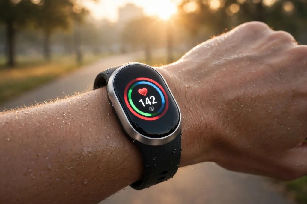 Fitbit Edge fitness tracker on a runner's wrist showing heart rate during a sunrise run