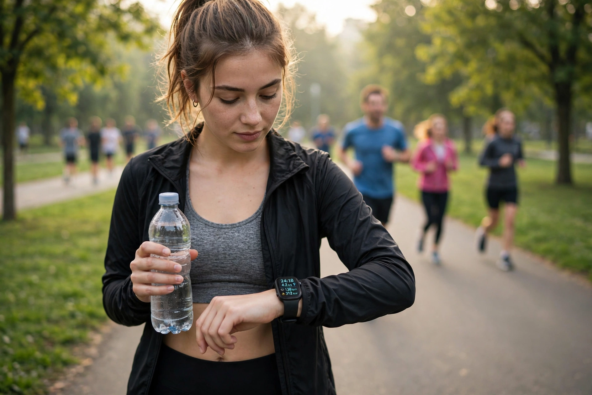 Woman checking her fitness tracker stats while taking a water break during a morning jog in a city park