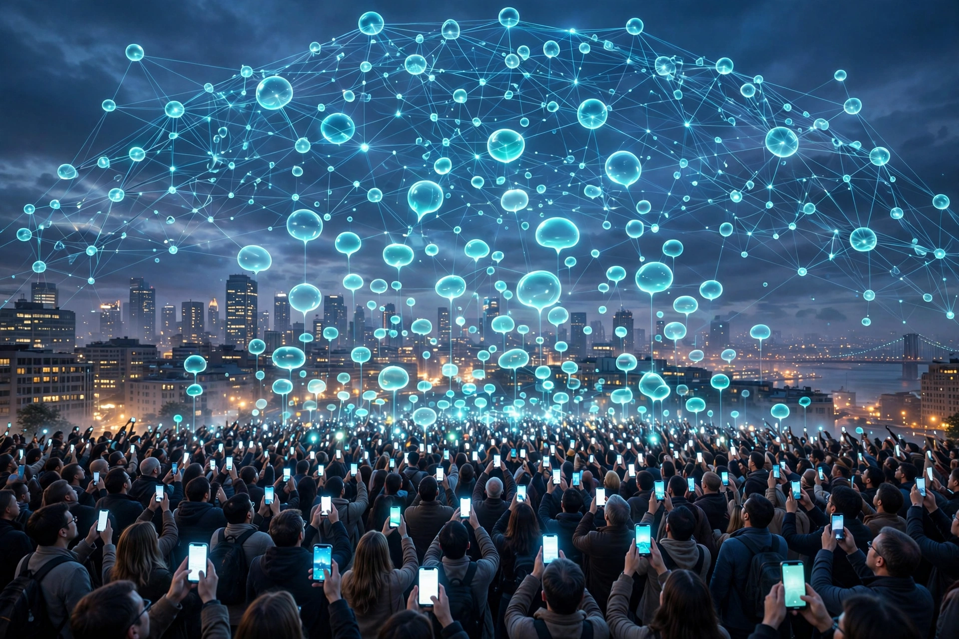 Global crowd with glowing smartphones and chat bubbles rising into the sky symbolizing over a billion ChatGPT users