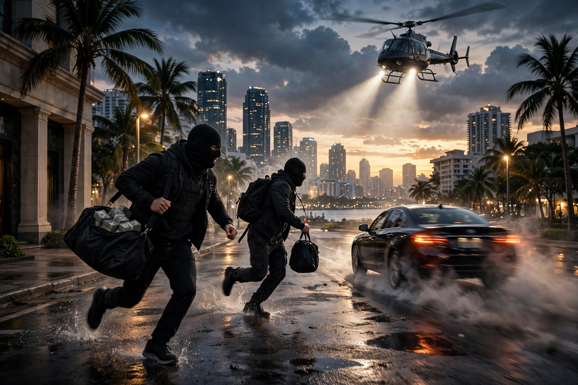 Two criminals fleeing a bank heist at dusk with a police helicopter searchlight overhead