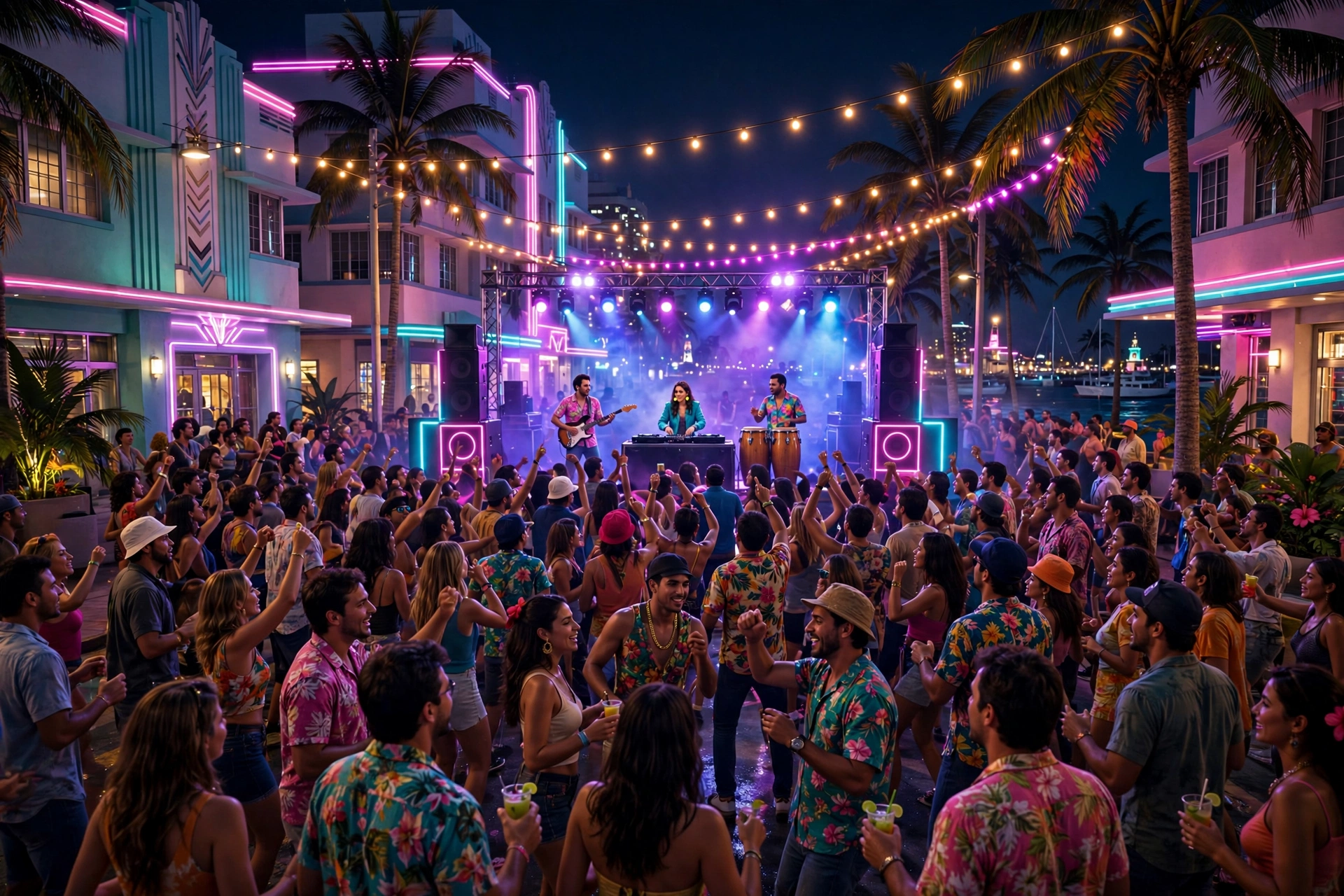 Latin street party at night with neon lights