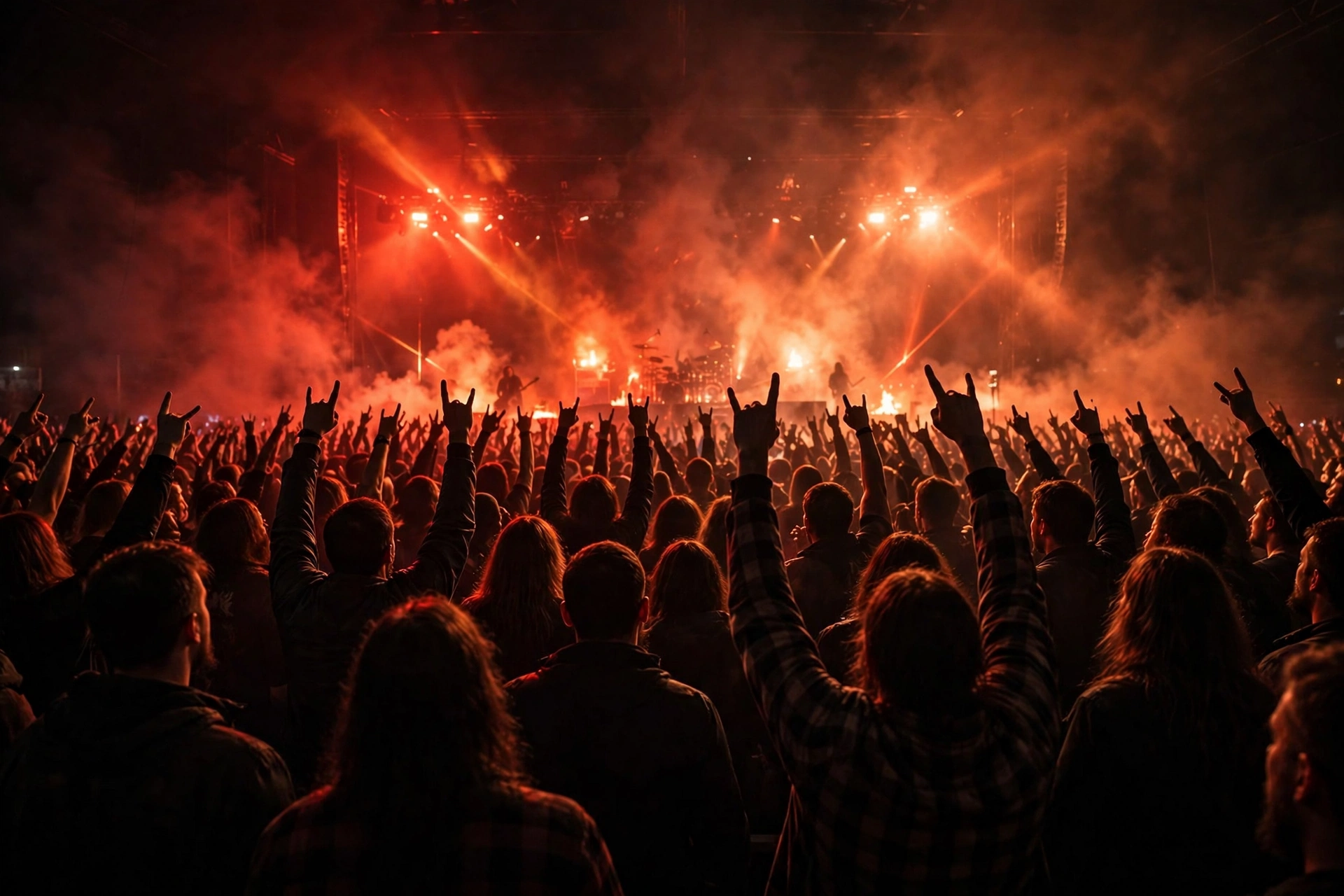 Heavy metal concert crowd with dramatic stage lights