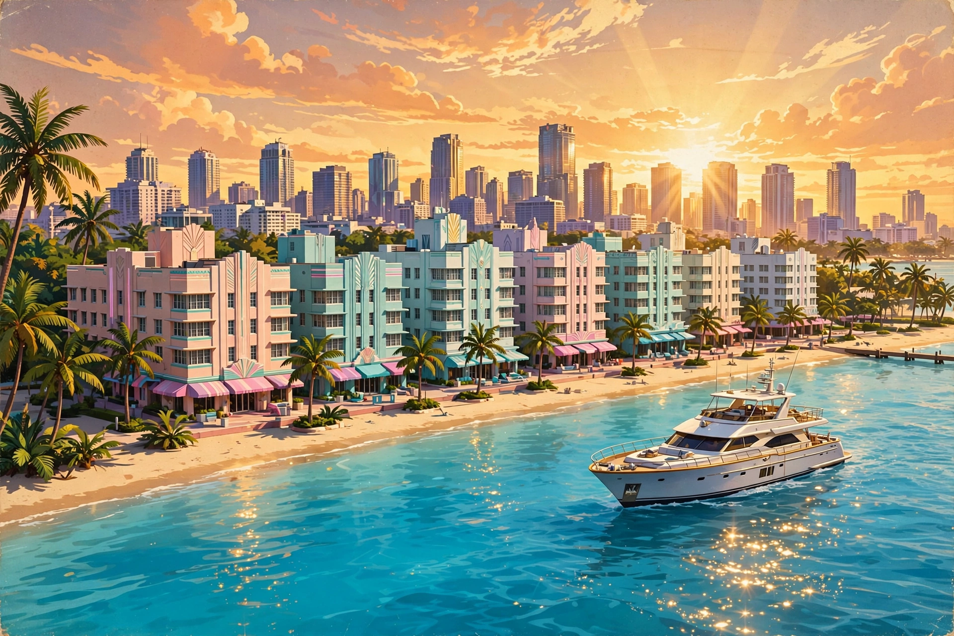 Sun-soaked Vice City skyline at golden hour with art deco hotels, palm trees and a yacht