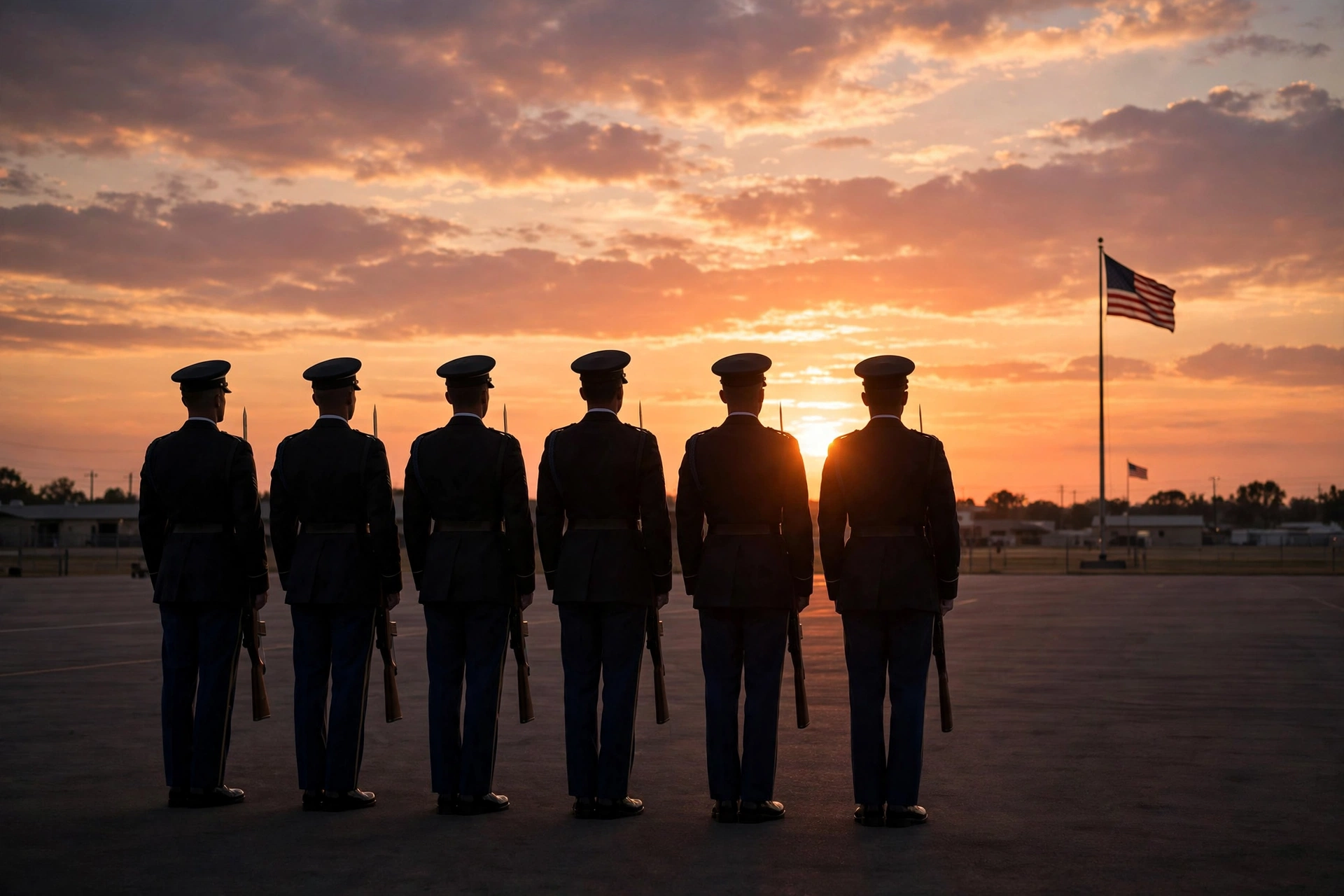 US military honor guard standing in solemn formation at sunset on a military base