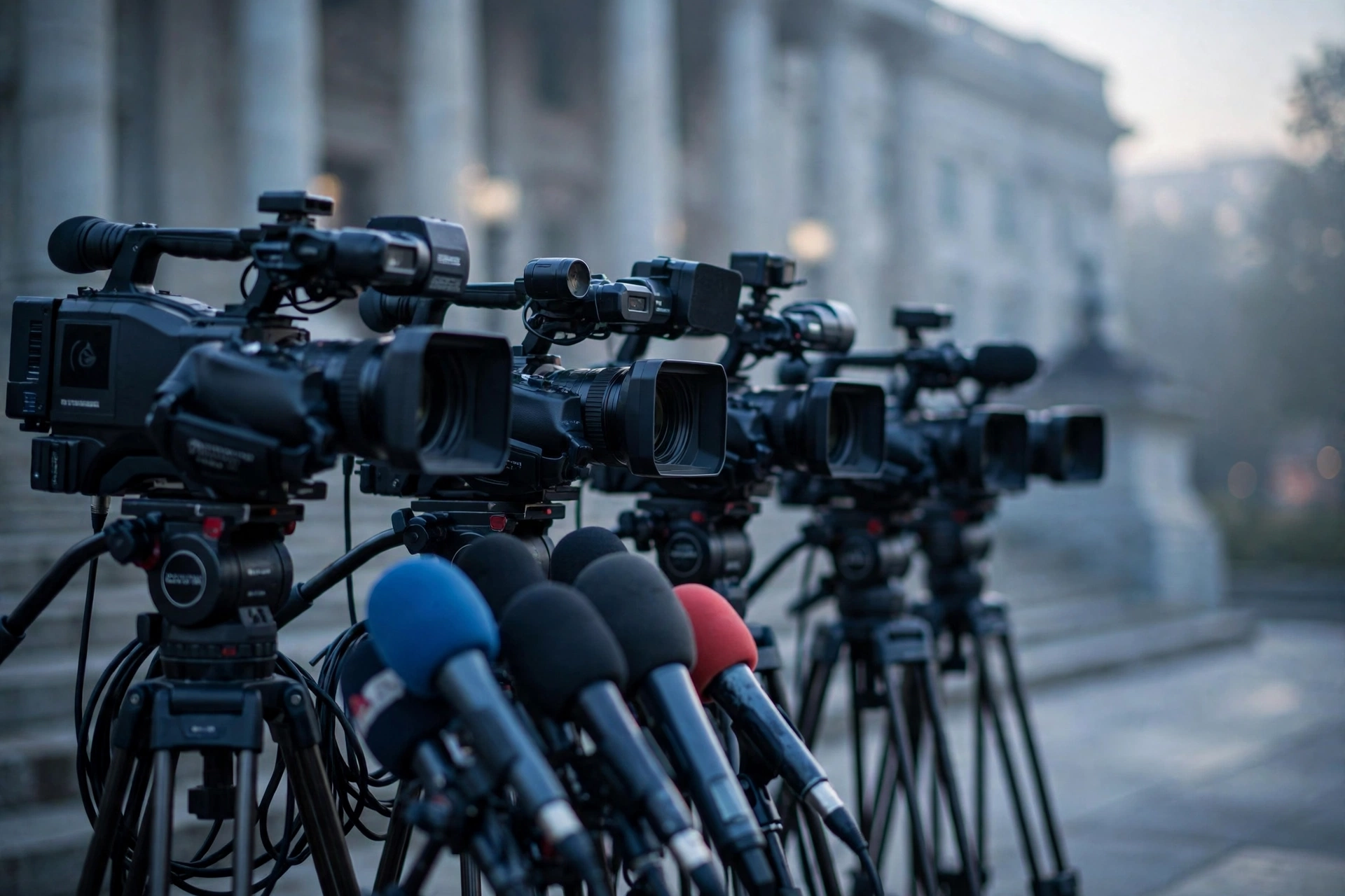 Television news cameras and press microphones gathered outside a government building at dawn