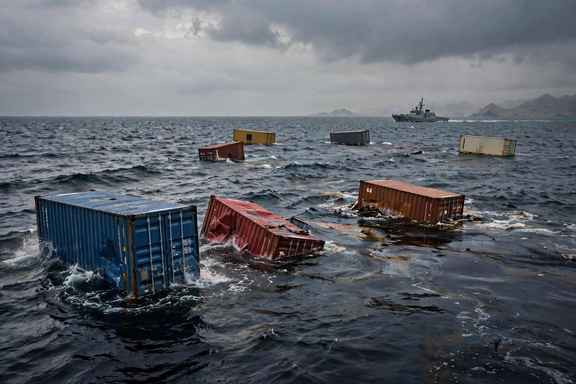 Shipping containers floating in the Strait of Hormuz after a container ship sank