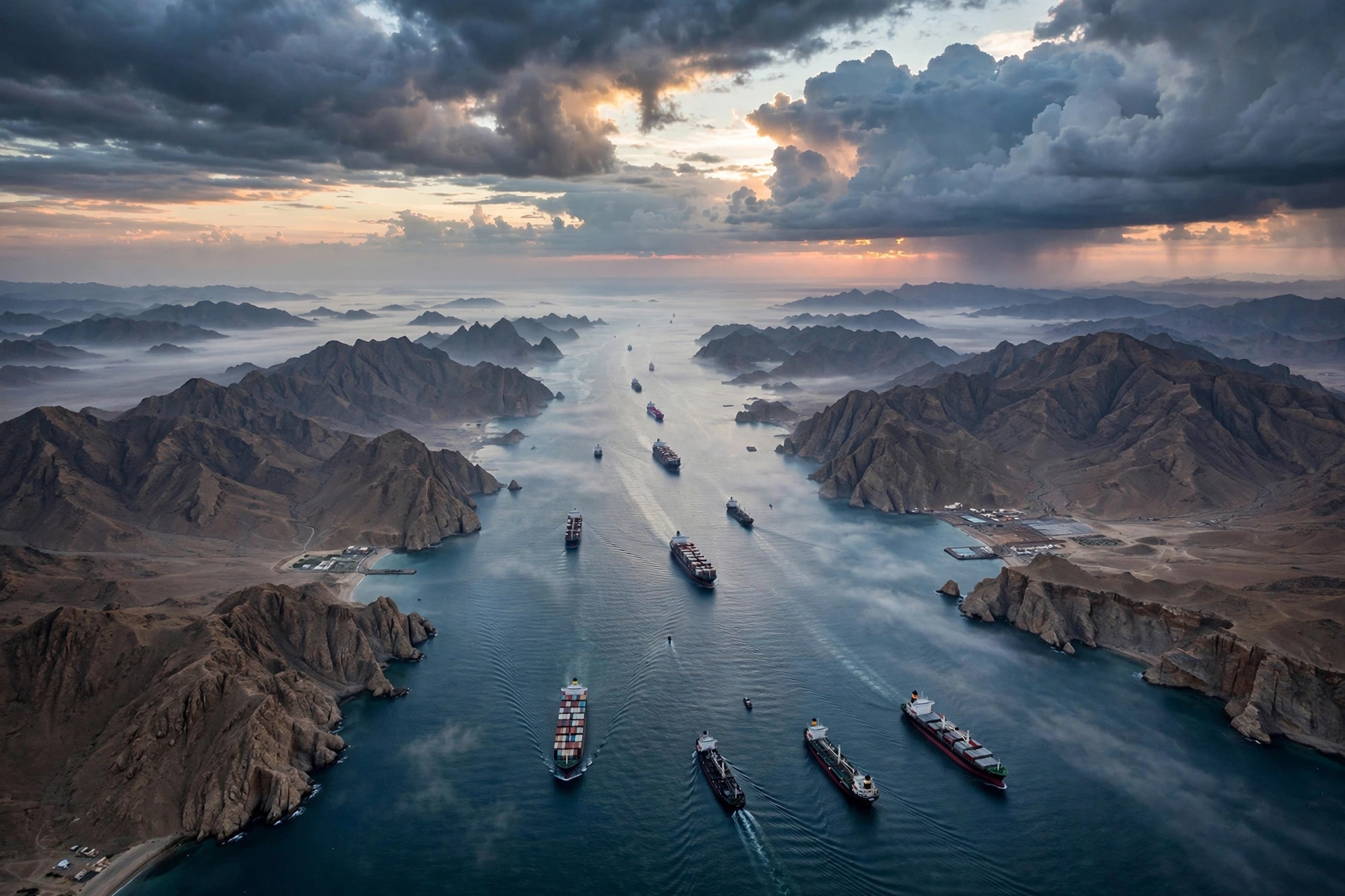 Aerial view of the Strait of Hormuz chokepoint with cargo ships transiting