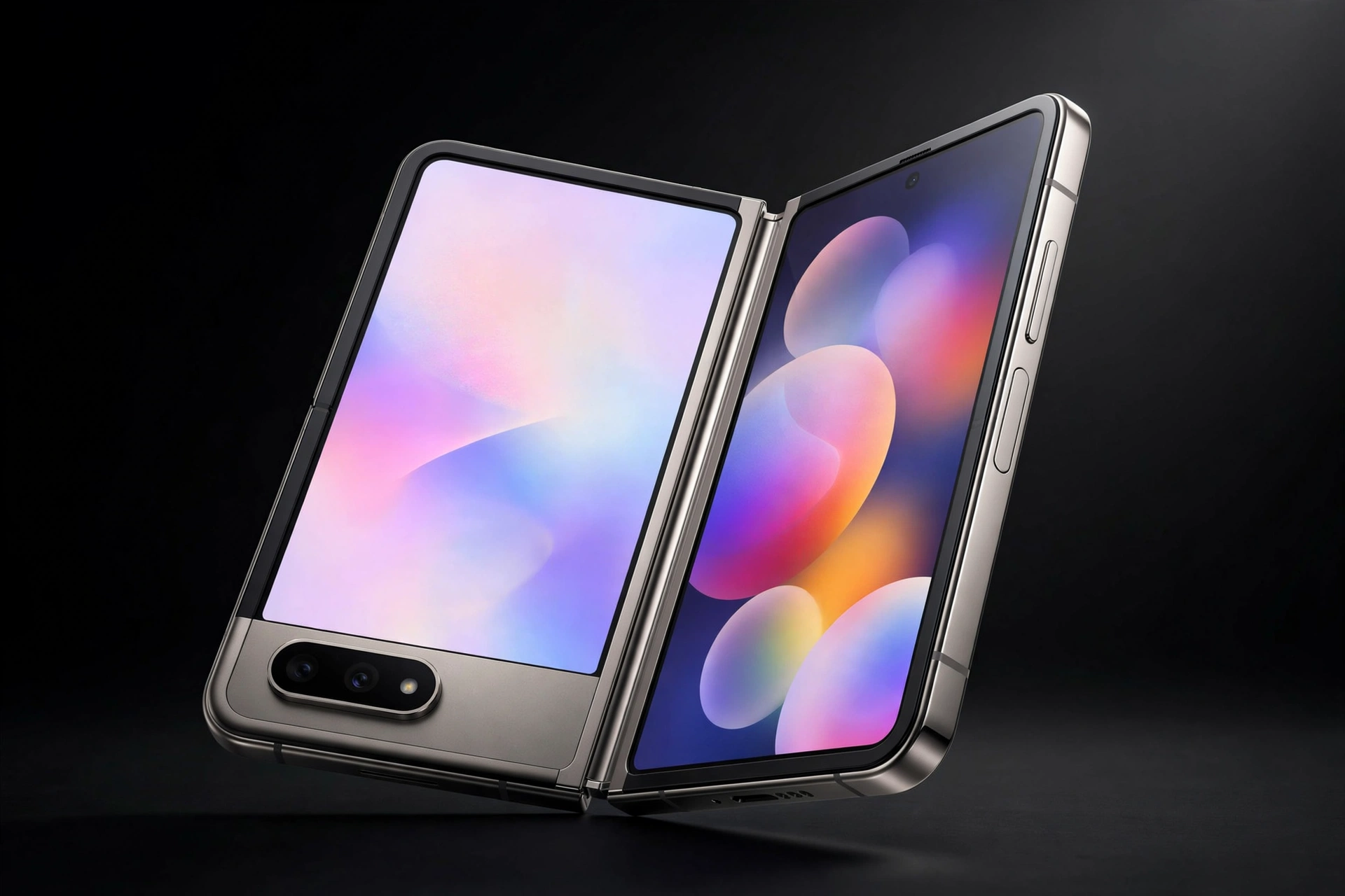 Apple iPhone Duo foldable smartphone half-open showing inner and outer displays in a premium product shot
