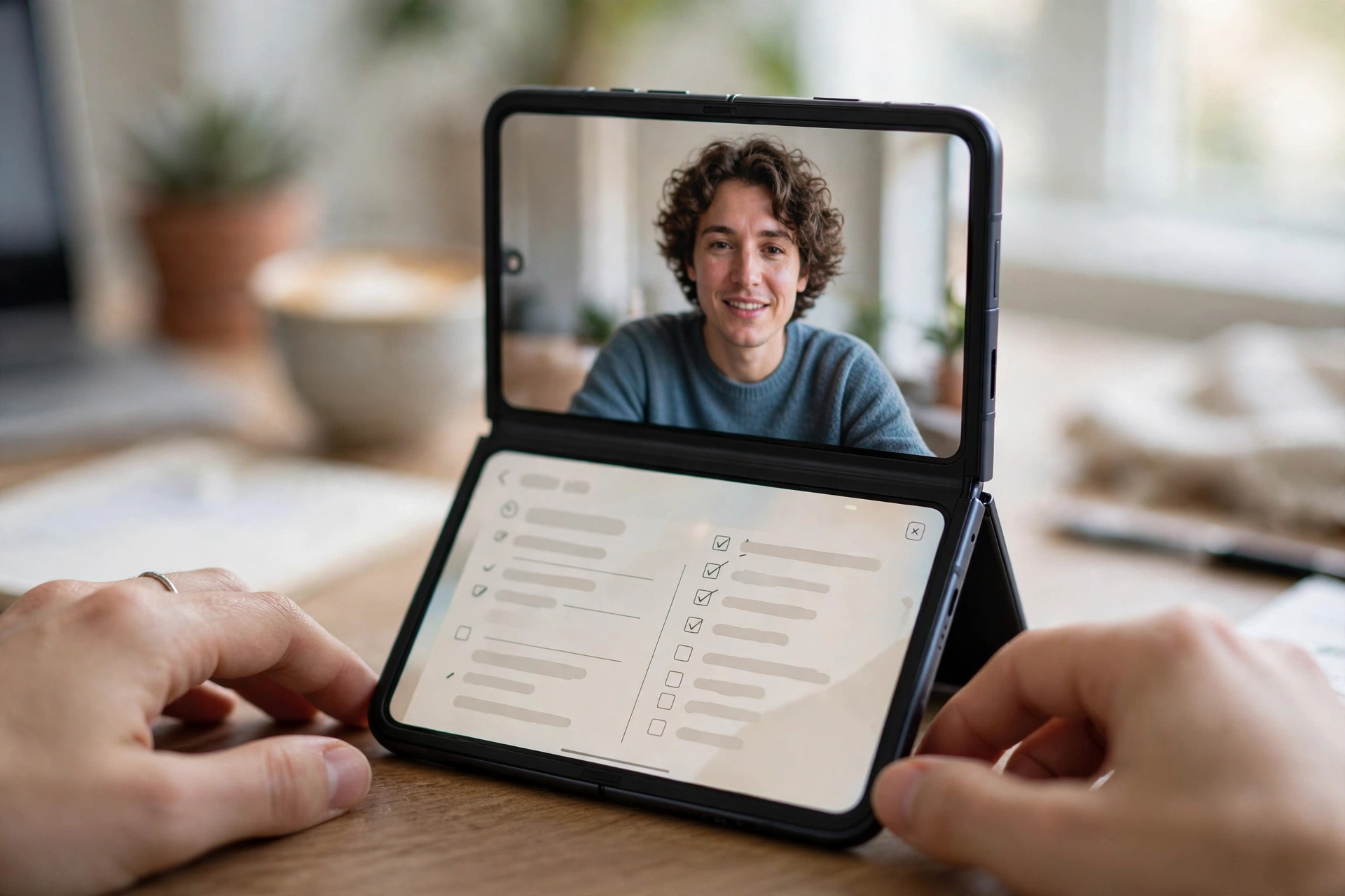 Person using a half-open foldable iPhone Duo propped on a desk for split-screen multitasking