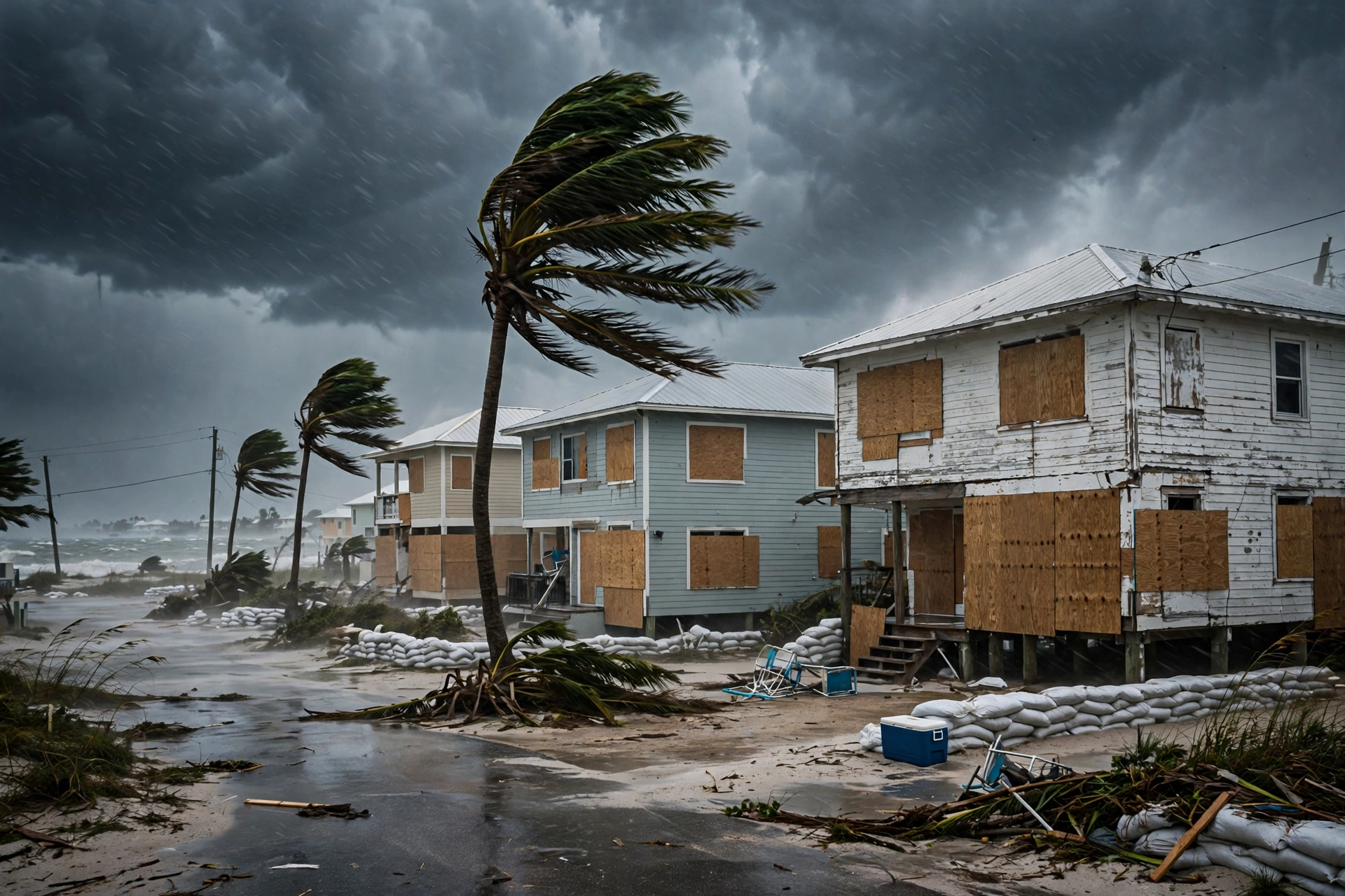 Boarded-up beachfront homes and palm trees bending in strong hurricane wind as Hurricane Isaias approaches the Florida Panhandle