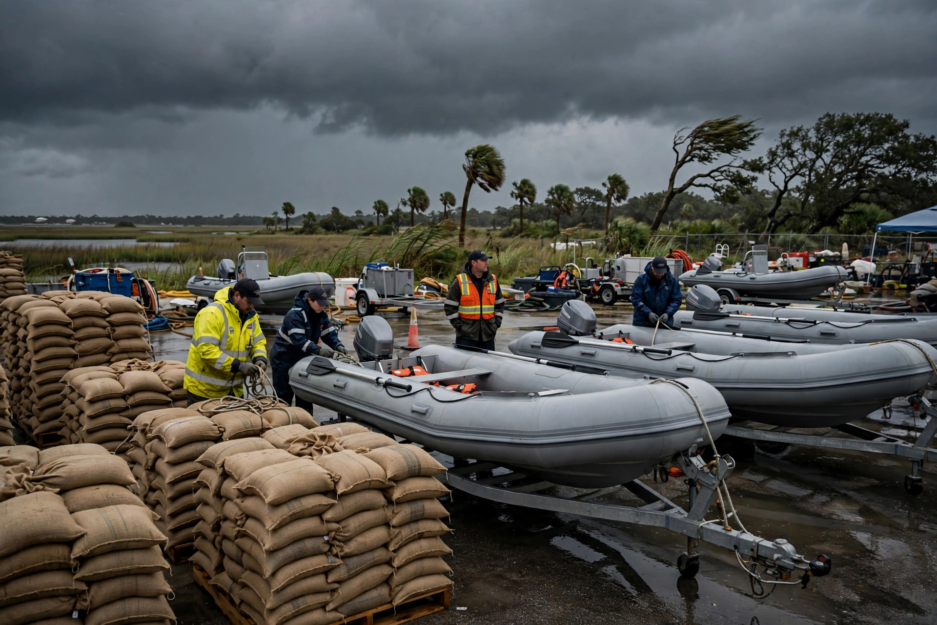 Emergency responders staging rescue boats and stacked sandbags at a hurricane staging area on the US Gulf Coast