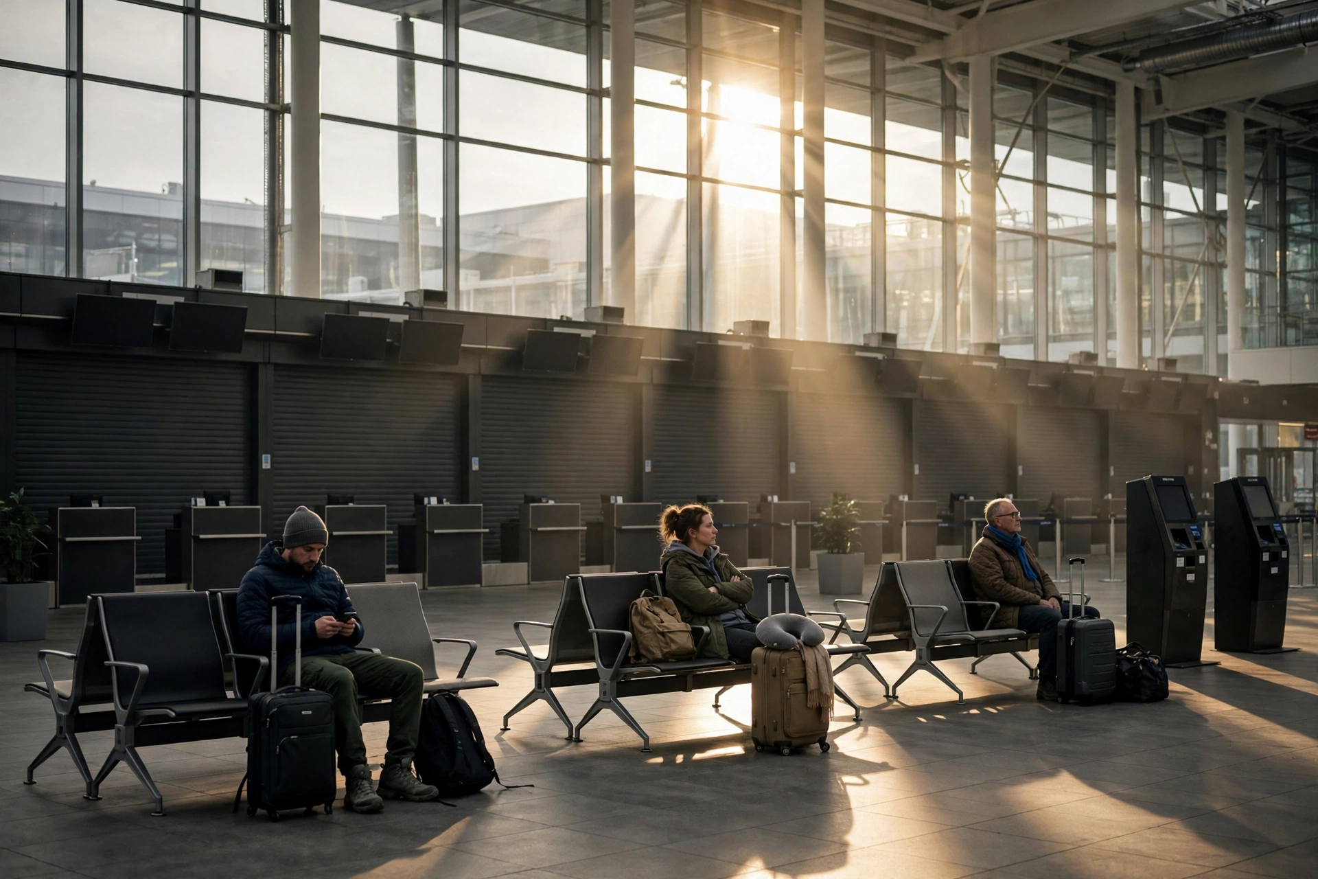 Quiet airport check-in hall with shuttered counters during the nationwide airline strike
