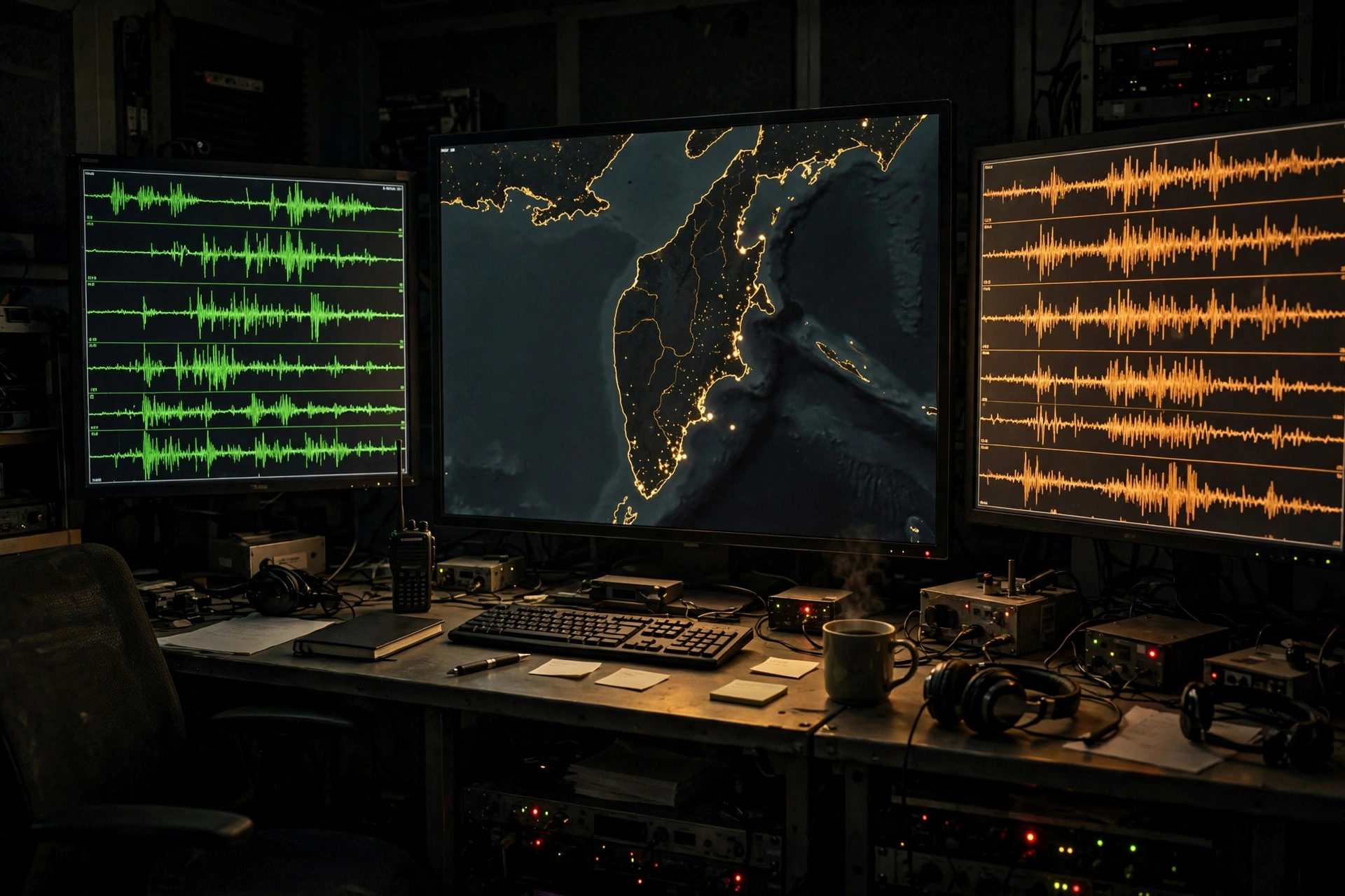 Seismic monitoring station screens displaying earthquake waveform readings