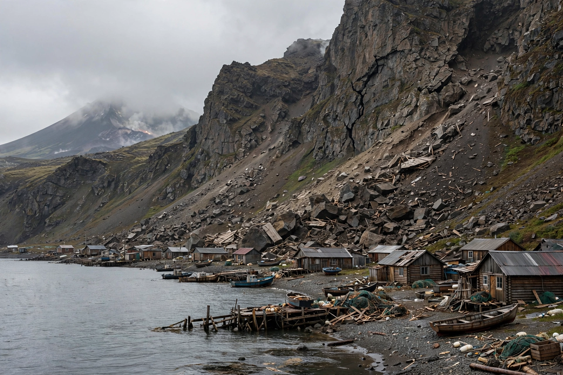 Remote fishing settlement on the Kamchatka coast beneath volcanic cliffs