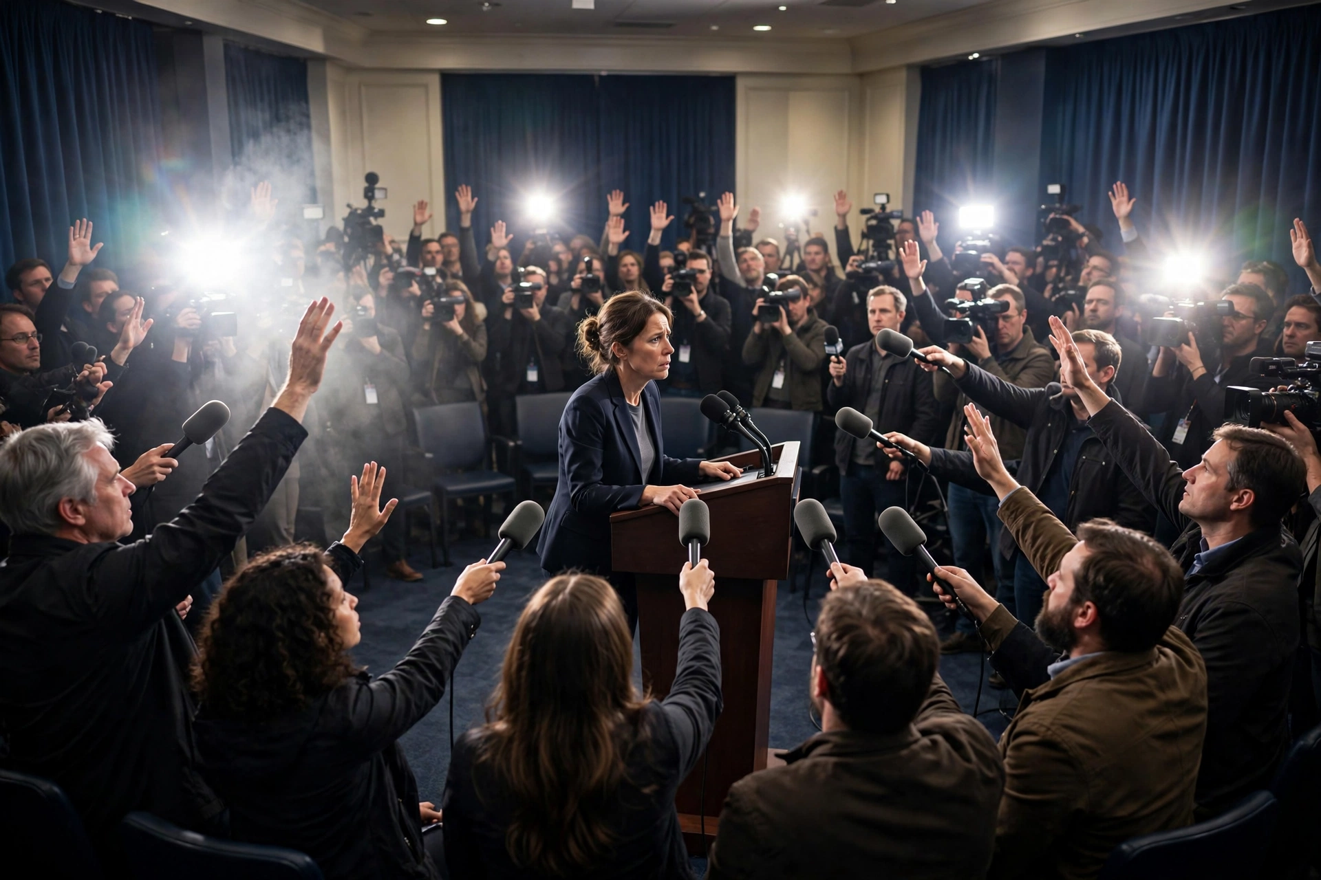 Tense White House press briefing with journalists raising hands under camera flashes