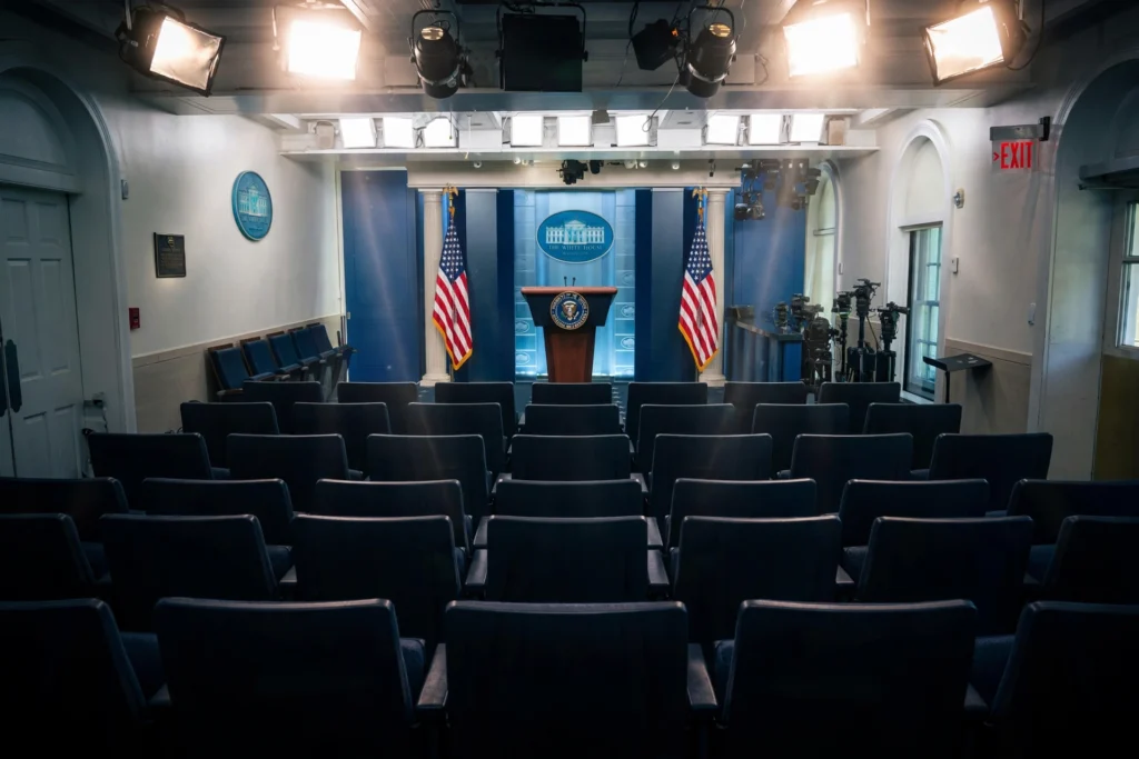 James S. Brady White House Press Briefing Room with the presidential podium and press seats