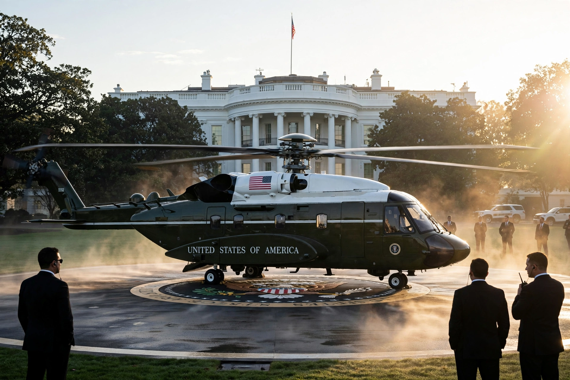 Marine One presidential helicopter on the White House South Lawn