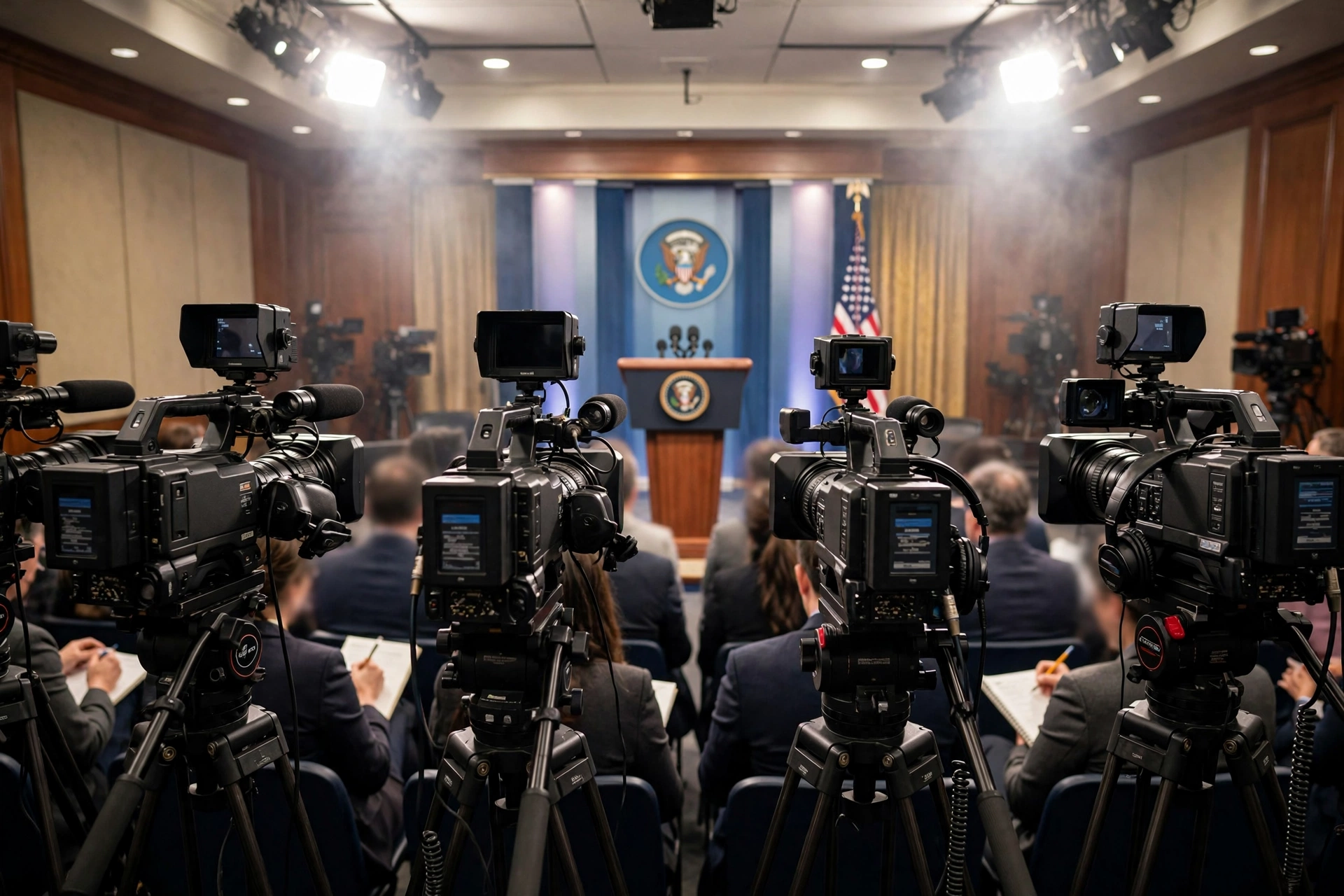 Television cameras and reporters gathered in the White House press briefing room
