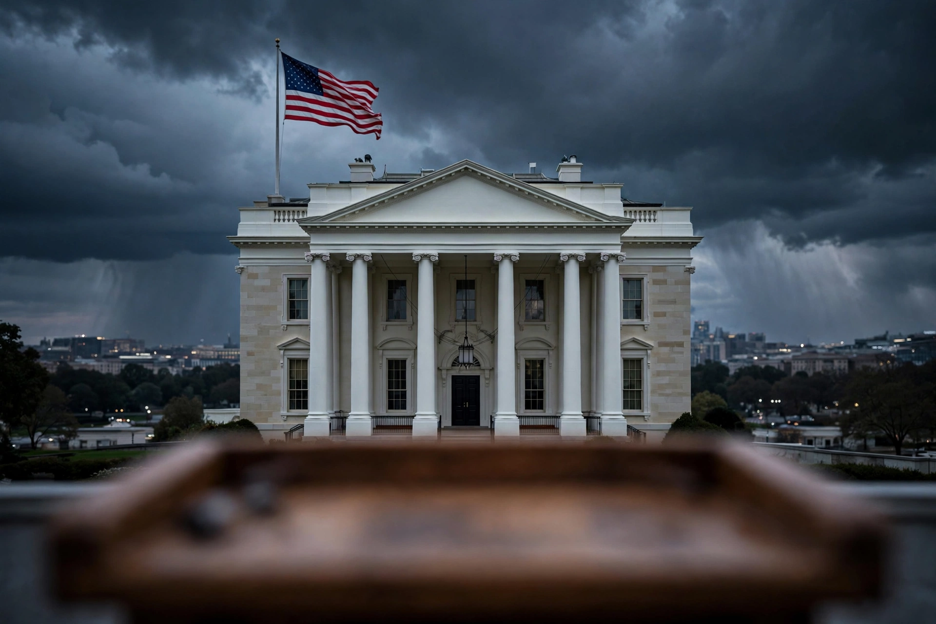 The White House at dusk under gathering storm clouds, symbolizing political uncertainty
