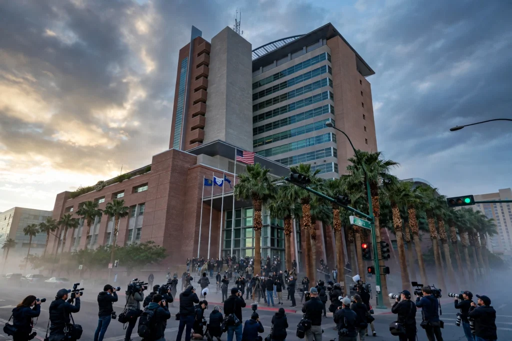 Las Vegas courthouse exterior with media gathered for the Keffe D sentencing hearing in the Tupac Shakur murder case