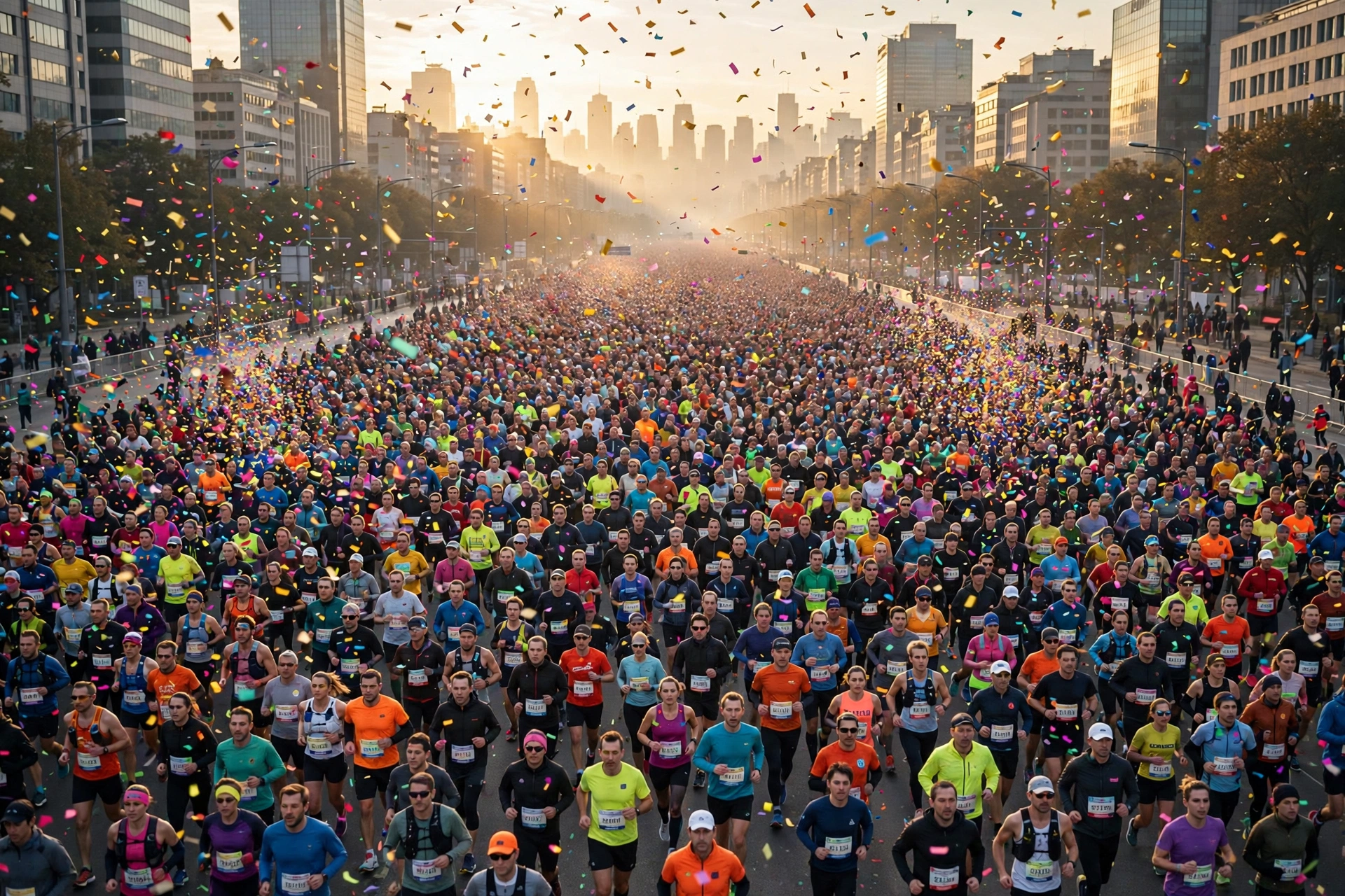 Thousands of marathon runners filling a wide city avenue at sunrise, with confetti in the air