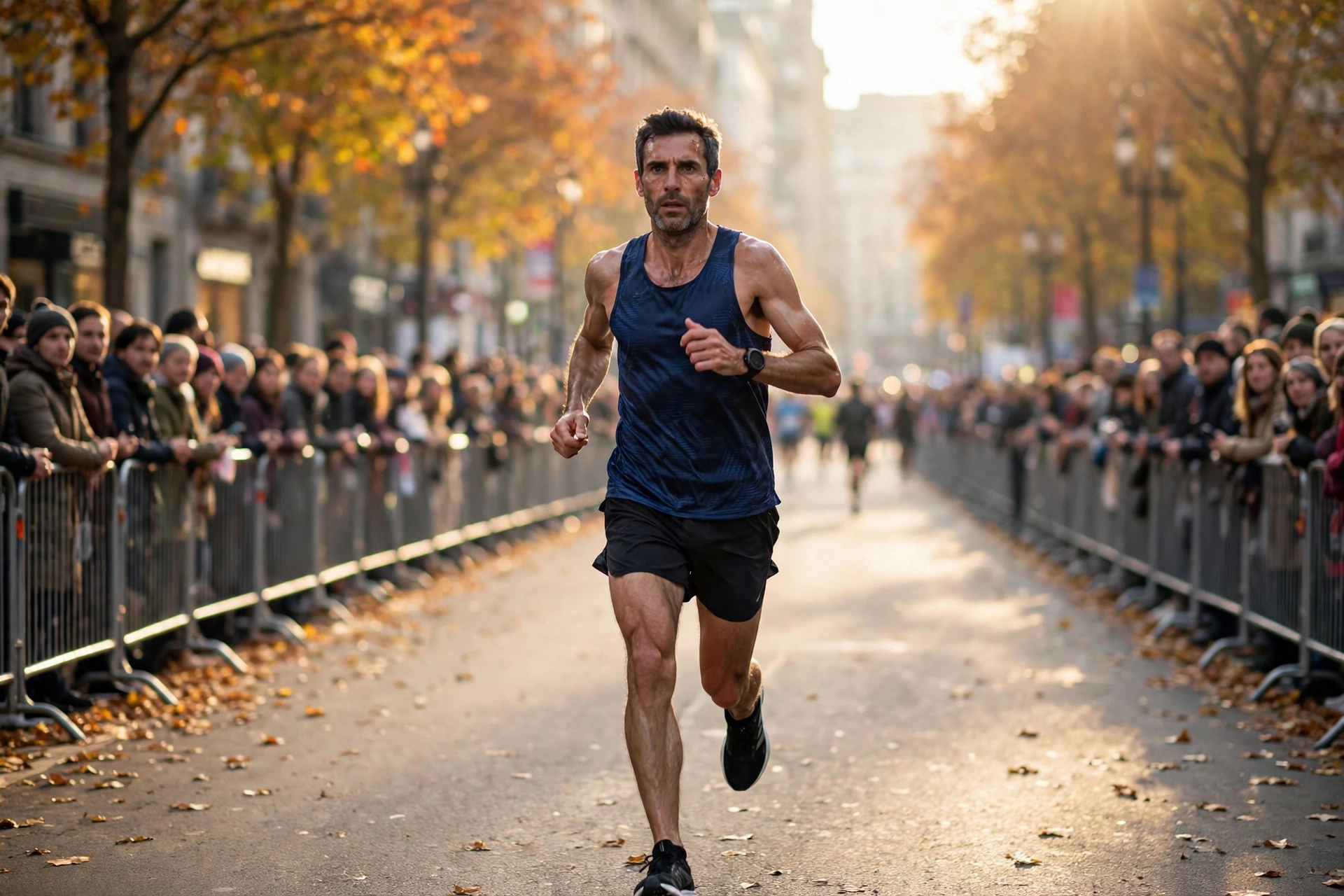 A marathon runner leading alone on a wide city boulevard during the Melbourne Marathon, with crowds lining the street