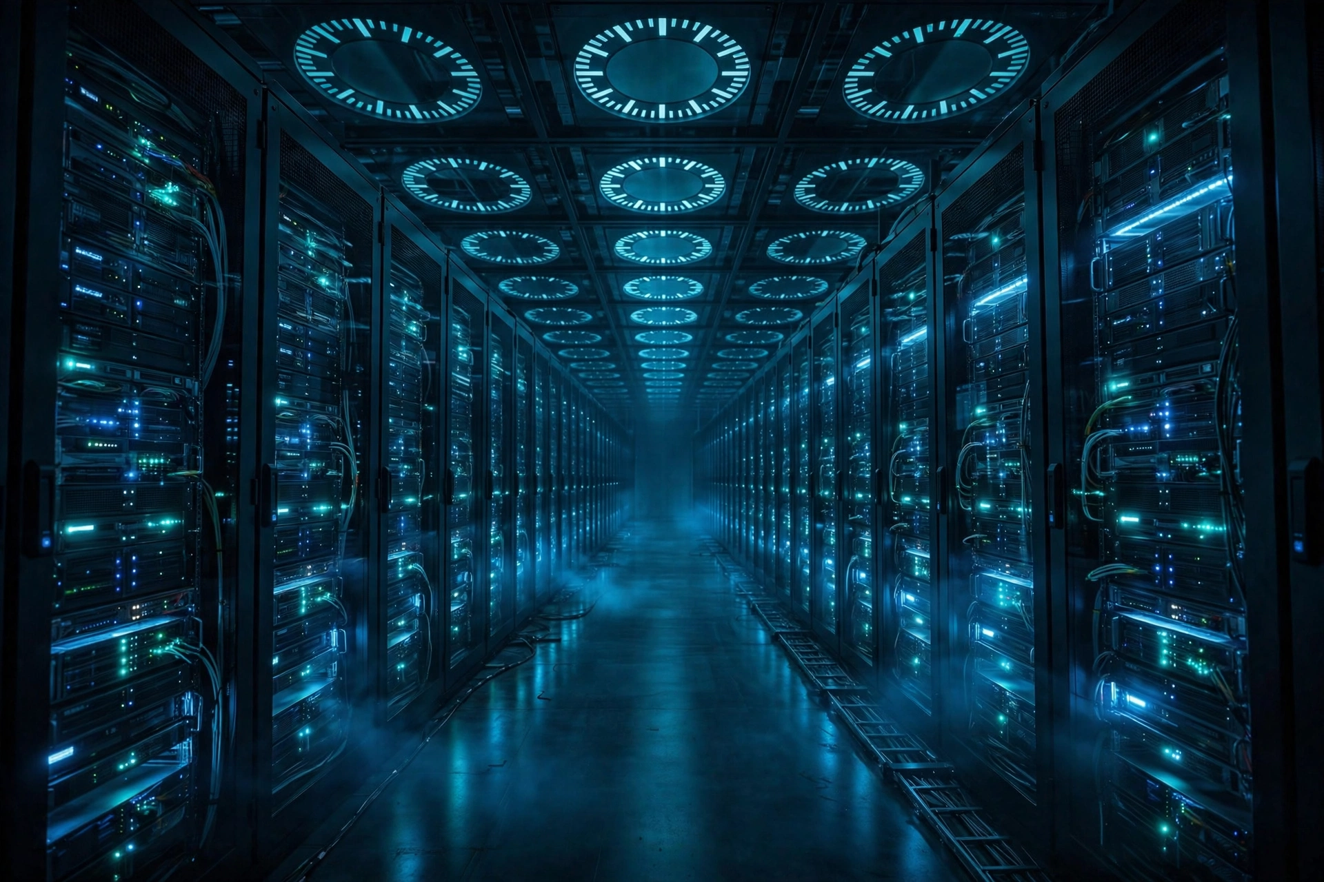 Glowing server racks in a data center, representing the internet infrastructure that leap seconds threatened