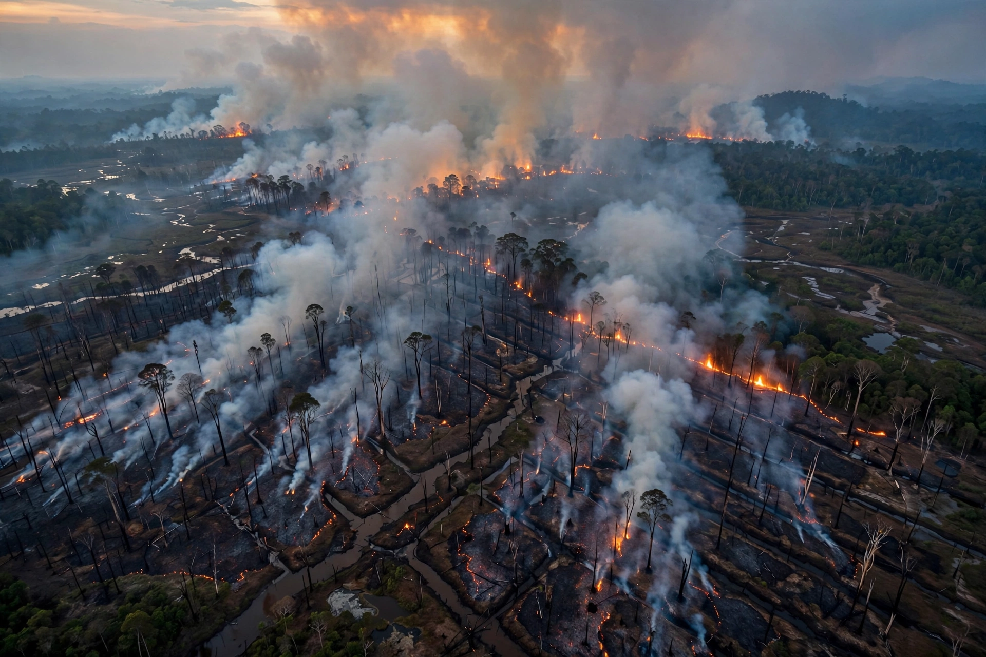 Smoldering Indonesian peatland forest fire at dusk with thick smoke rising over Borneo