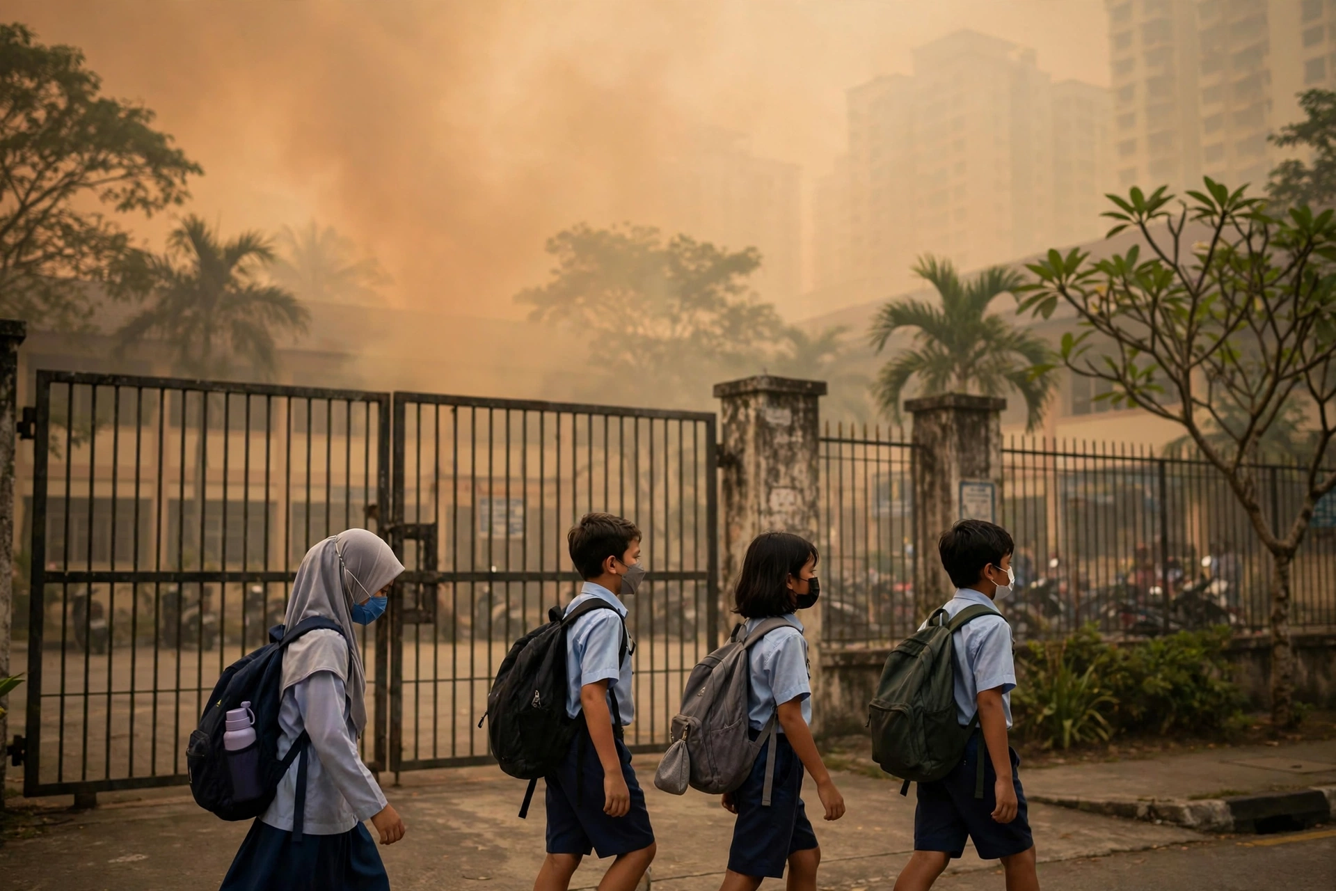 Malaysian schoolchildren wearing face masks walking home under a hazy orange smoky sky in Kuala Lumpur