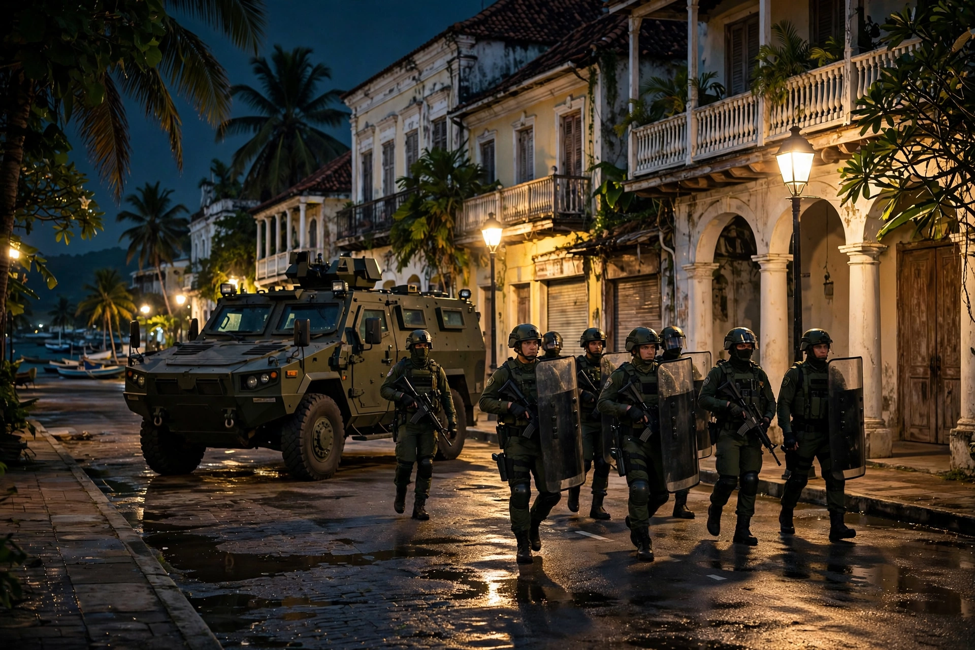 Paramilitary officers patrolling an empty street at night during the Mauritius curfew in October 2026