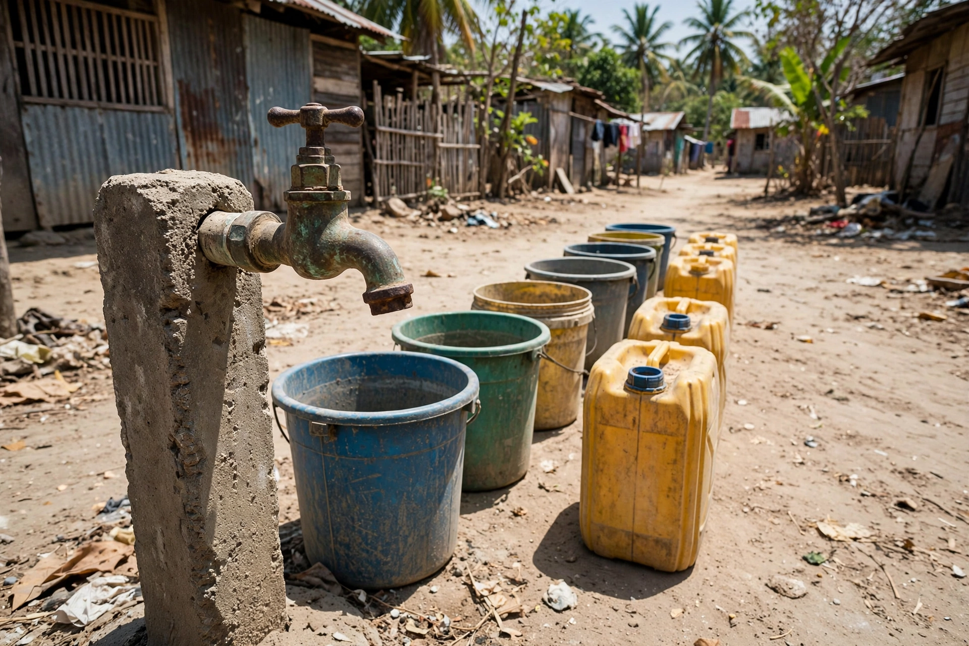 Empty buckets and a dry communal water tap in a Mauritius neighborhood during the 2026 water shortages