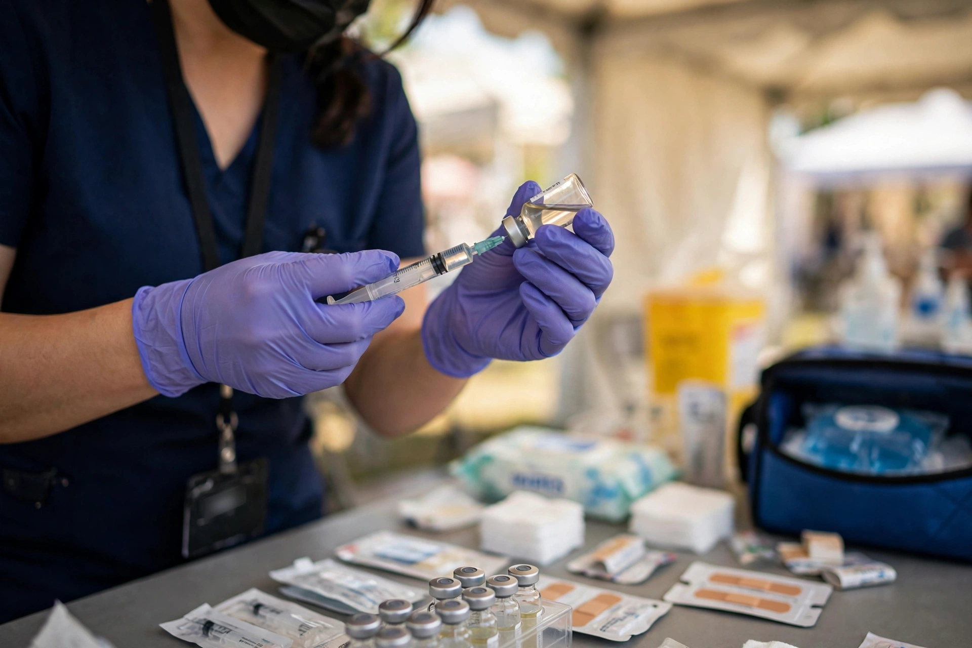 Nurse preparing an MMR vaccine dose at a pop-up vaccination clinic in Pennsylvania