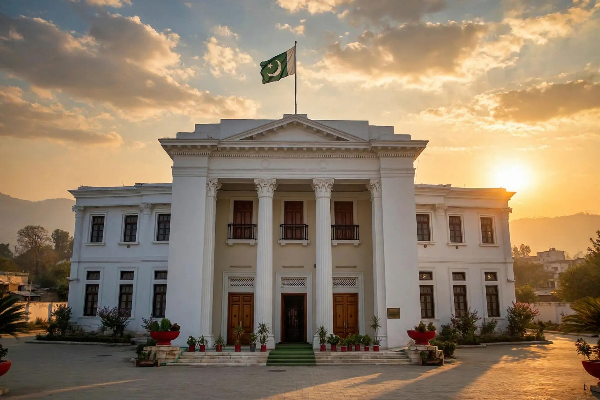 Khyber Pakhtunkhwa Assembly building in Peshawar at sunset with the Pakistani flag