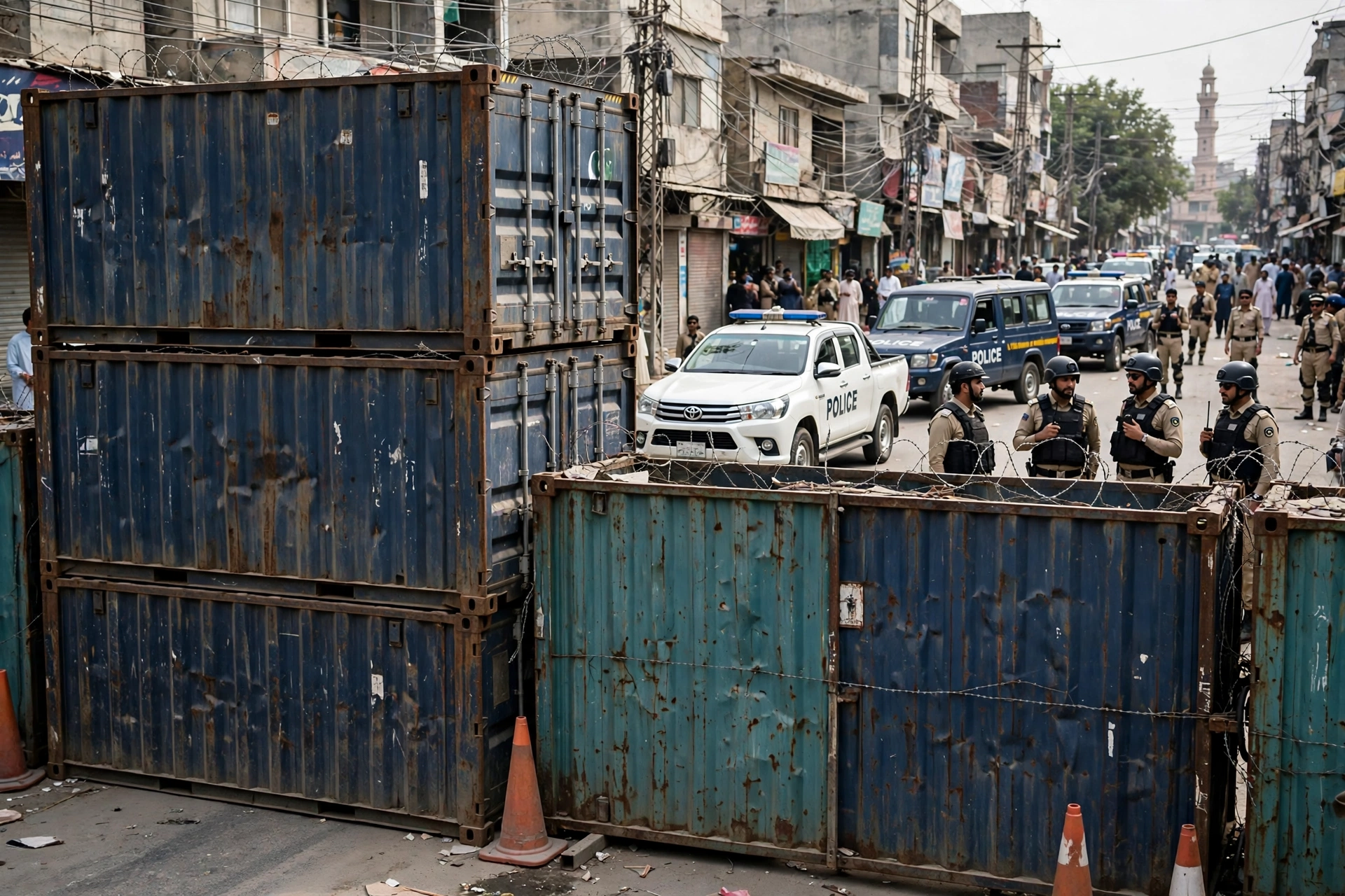 Shipping containers blocking a road in Peshawar after Pakistan imposed emergency and governor's rule in Khyber Pakhtunkhwa