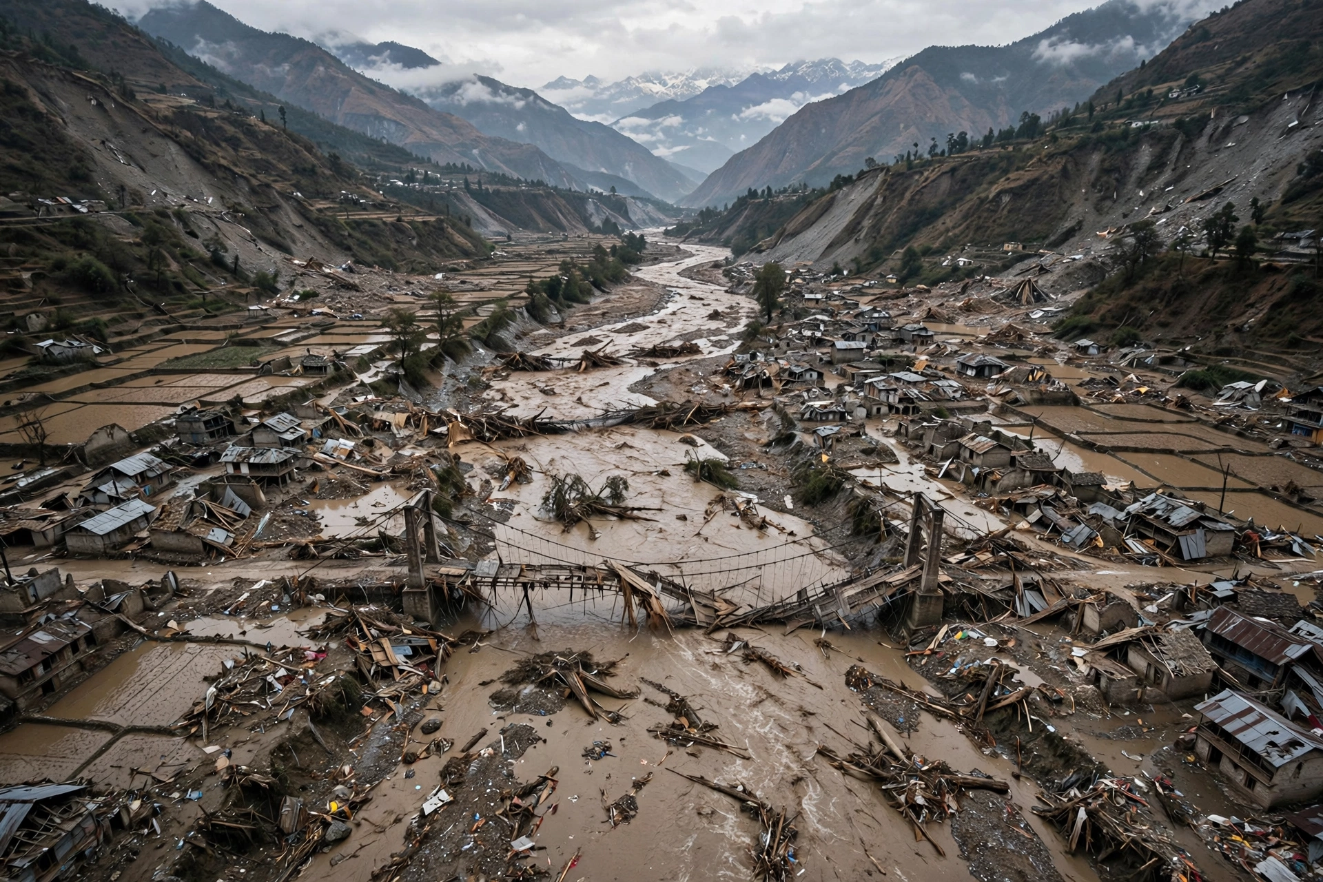 Aerial view of destroyed homes and a collapsed bridge along the flooded Budhi Gandaki river valley in Nepal's Gorkha district