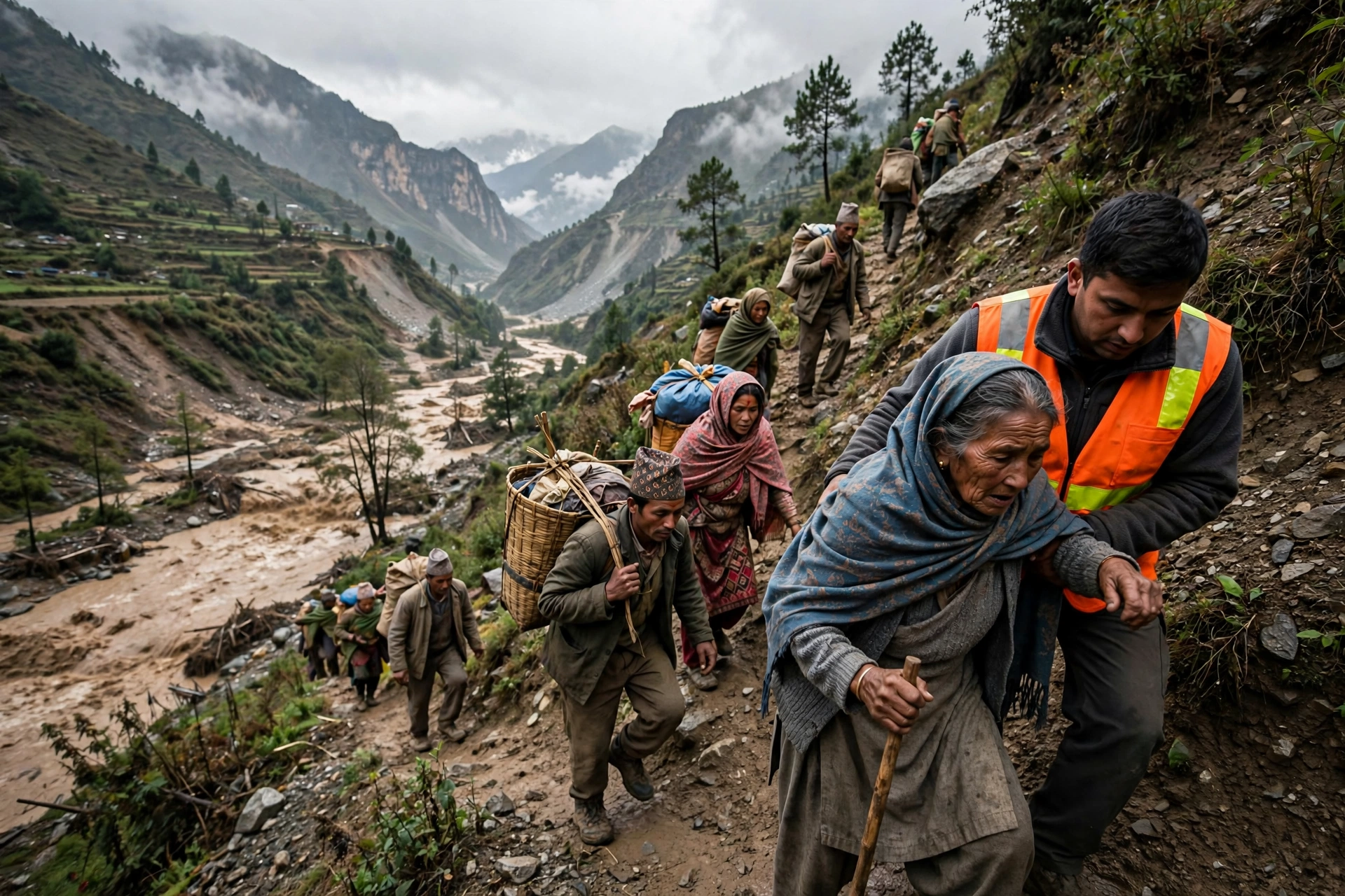Villagers climbing to higher ground away from the swollen Budhi Gandaki river in Gorkha, Nepal, as an emergency responder helps an elderly woman