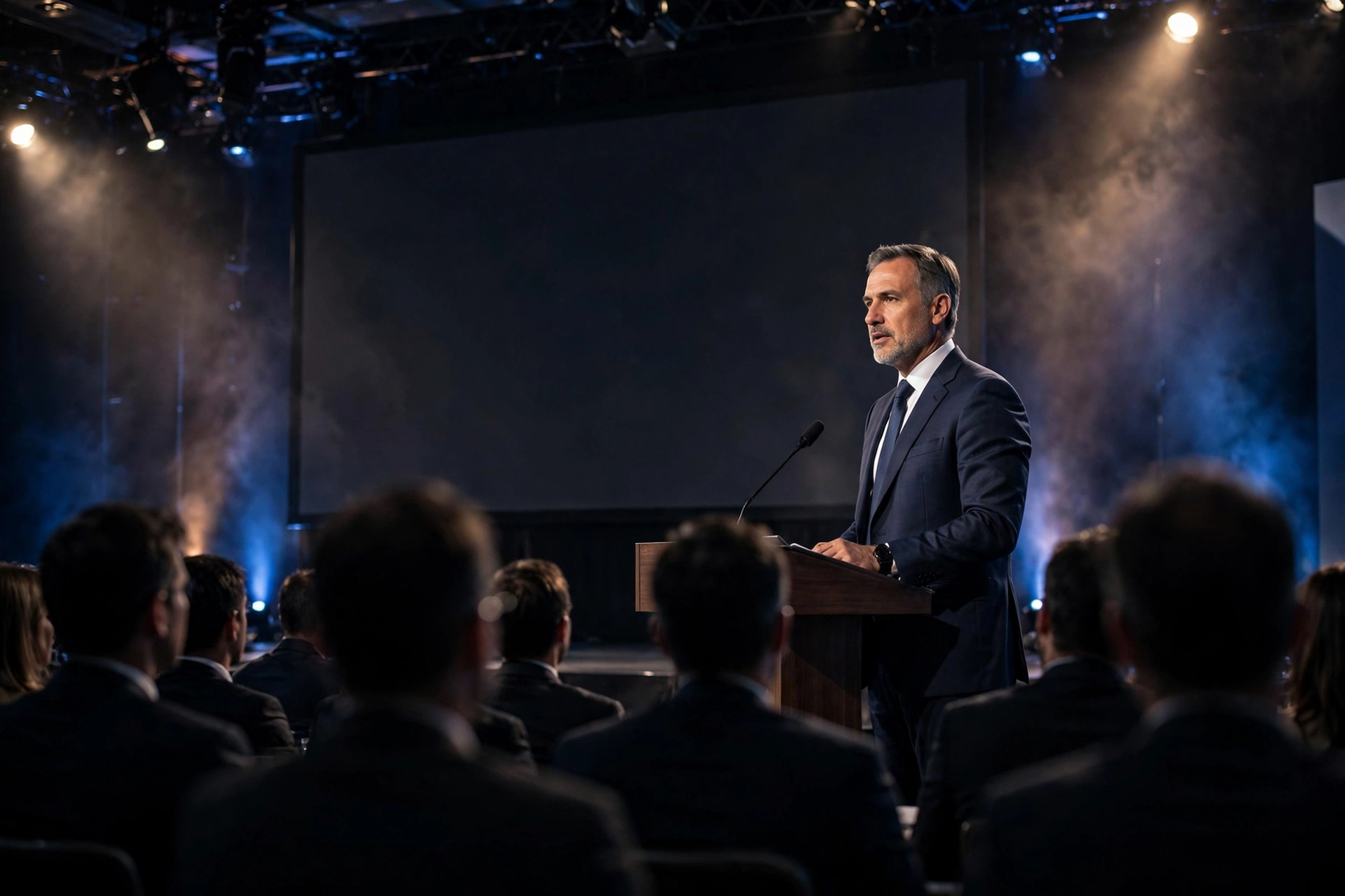 Corporate executive addressing an audience at a business conference stage