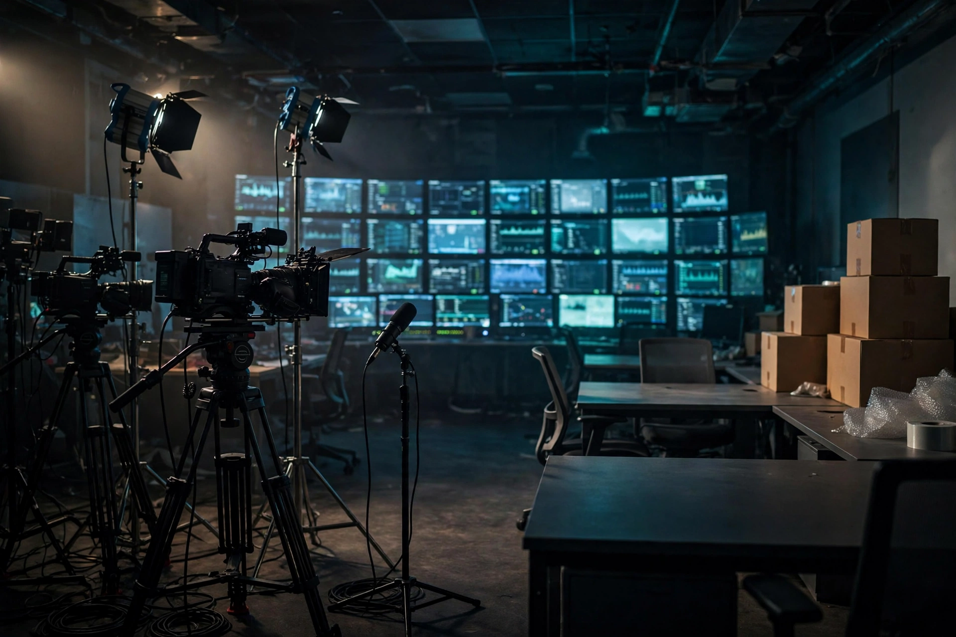 Quiet streaming production studio and office workspace with packed boxes