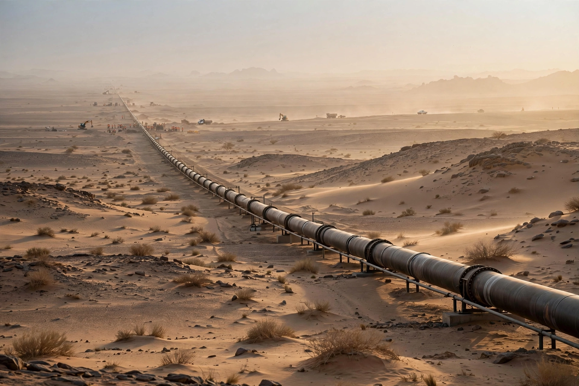 Oil pipeline stretching across the Sahara desert in Niger, part of the Niger-Benin export pipeline