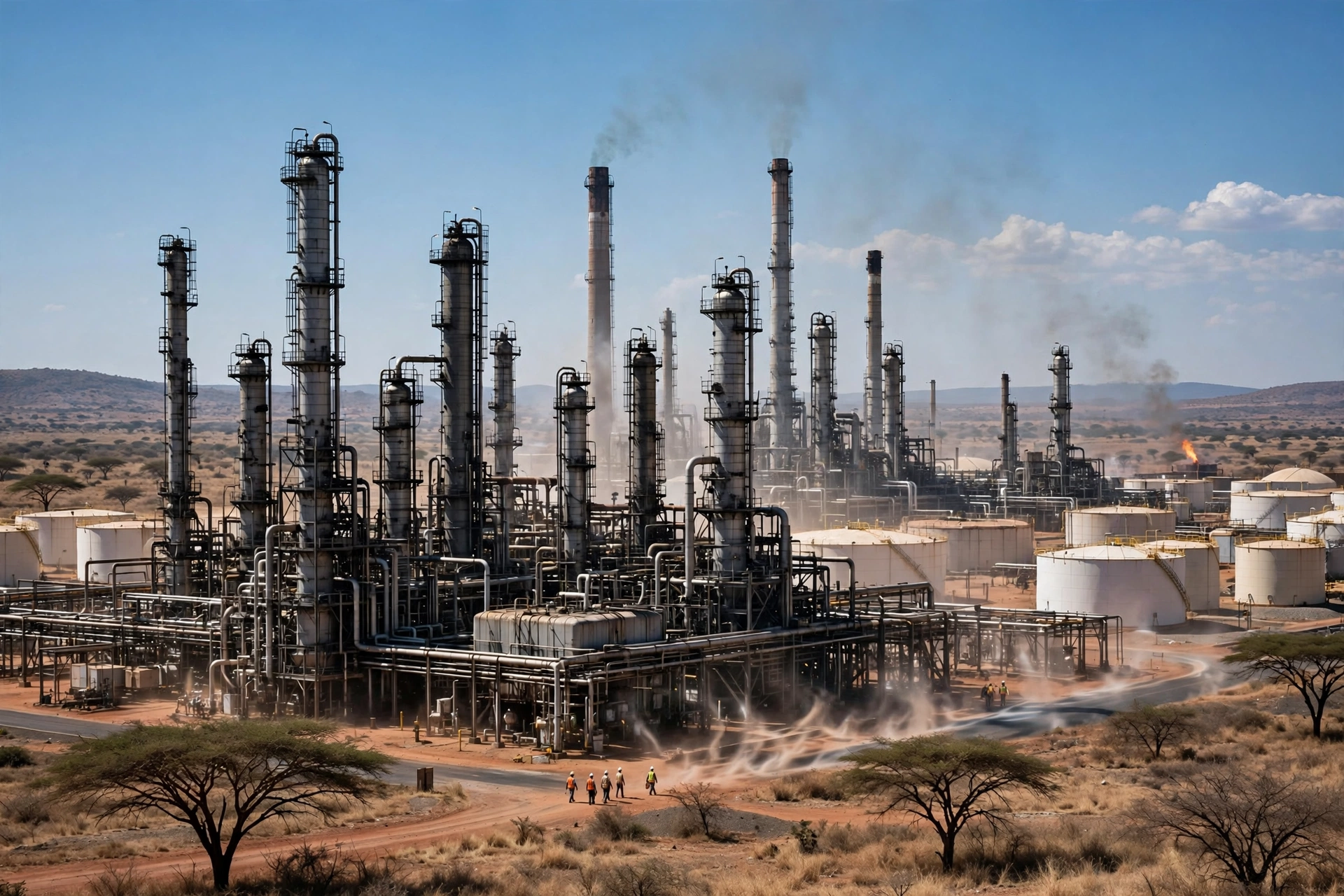 Oil refinery towers and storage tanks under an African sky, evoking Niger's Zinder refinery