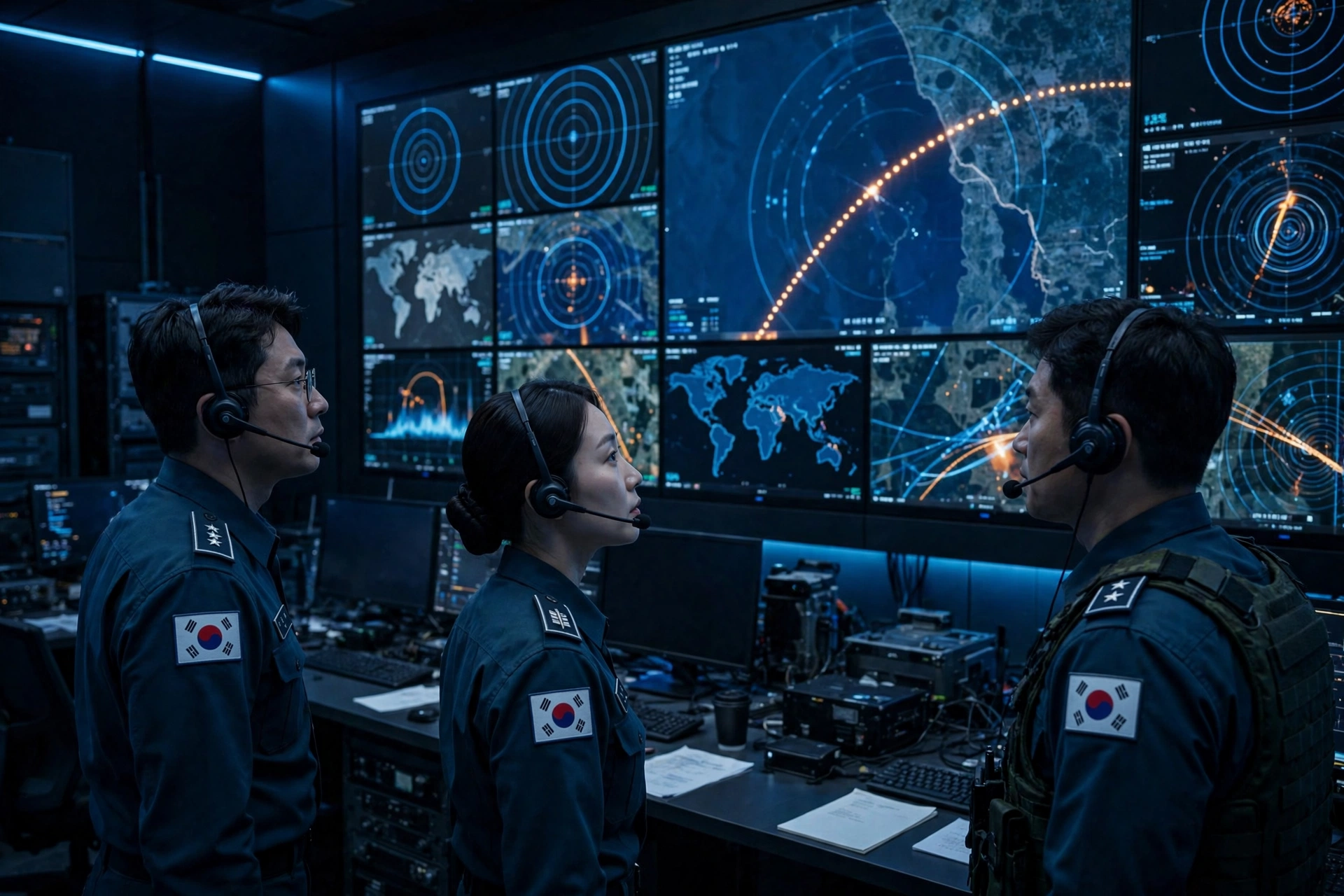 South Korean military officers monitoring missile trajectory screens in a command center