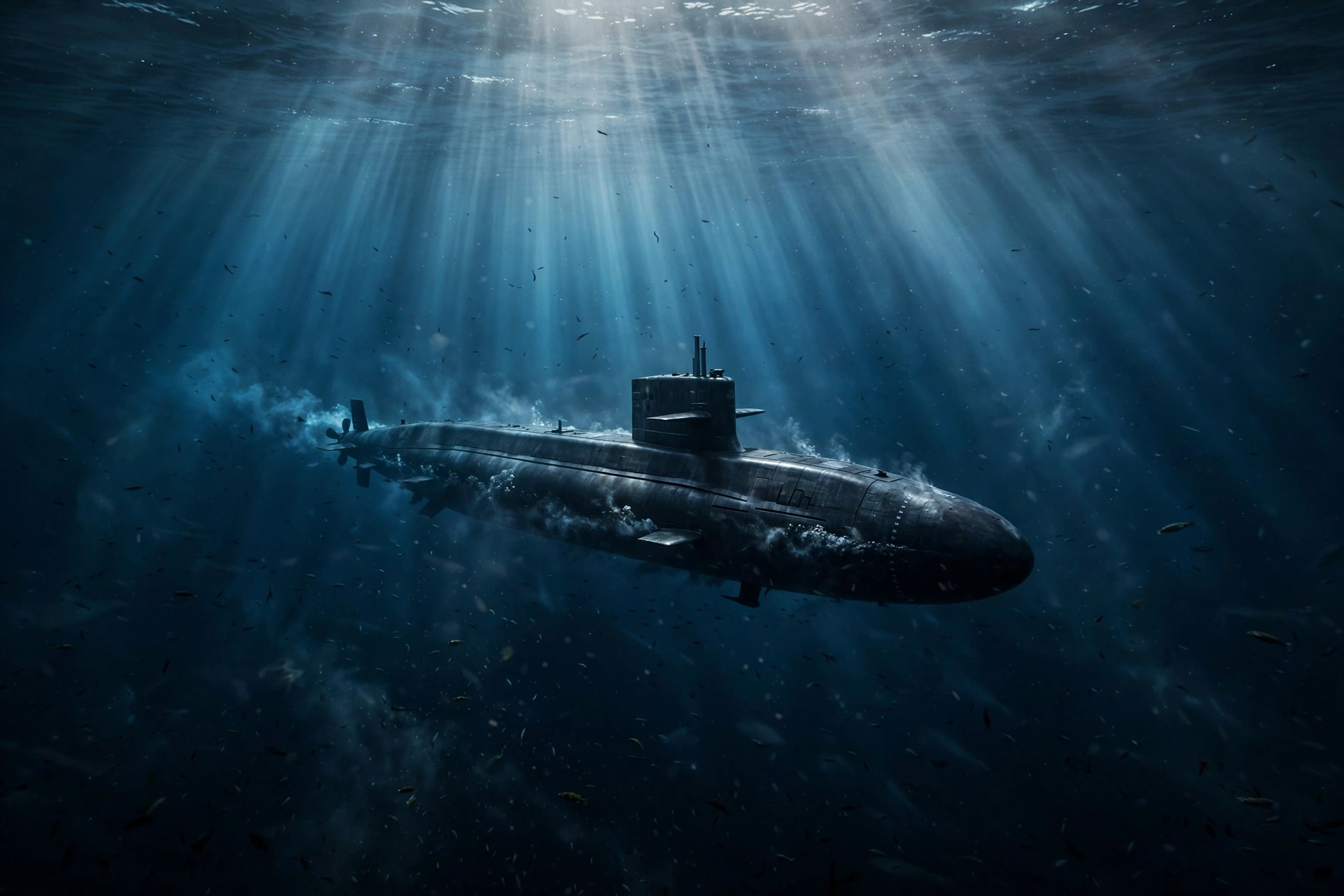 Dark underwater view of a submarine moving through deep ocean waters, illustrating North Korea's expanding naval weapons program