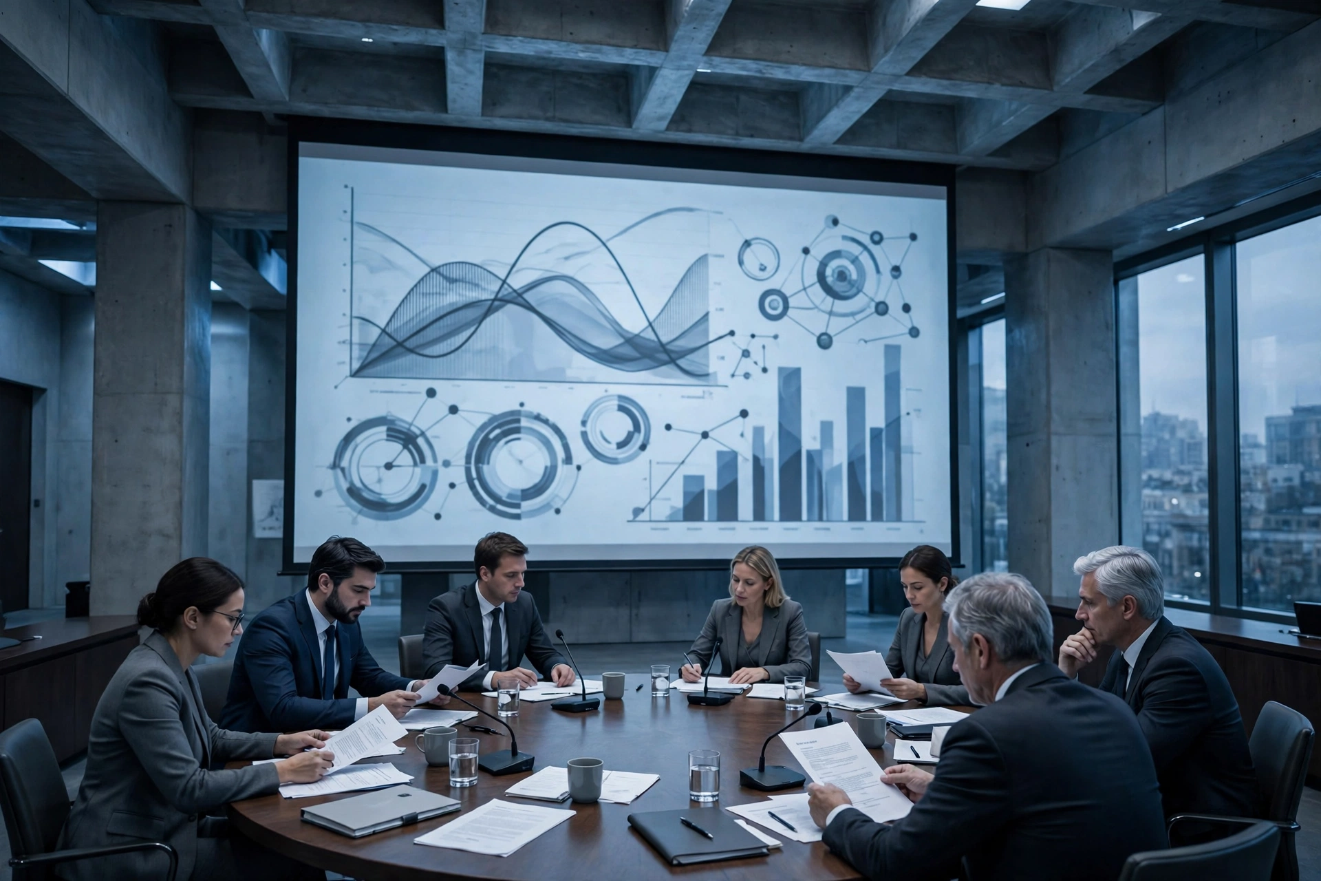 Central bank policymakers reviewing economic data and charts during a monetary policy meeting