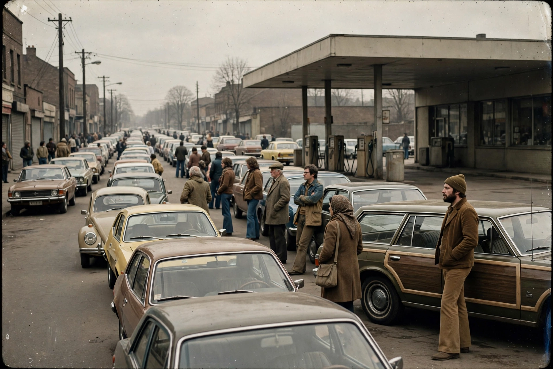 Long lines of cars at a gas station during the 1970s oil crisis