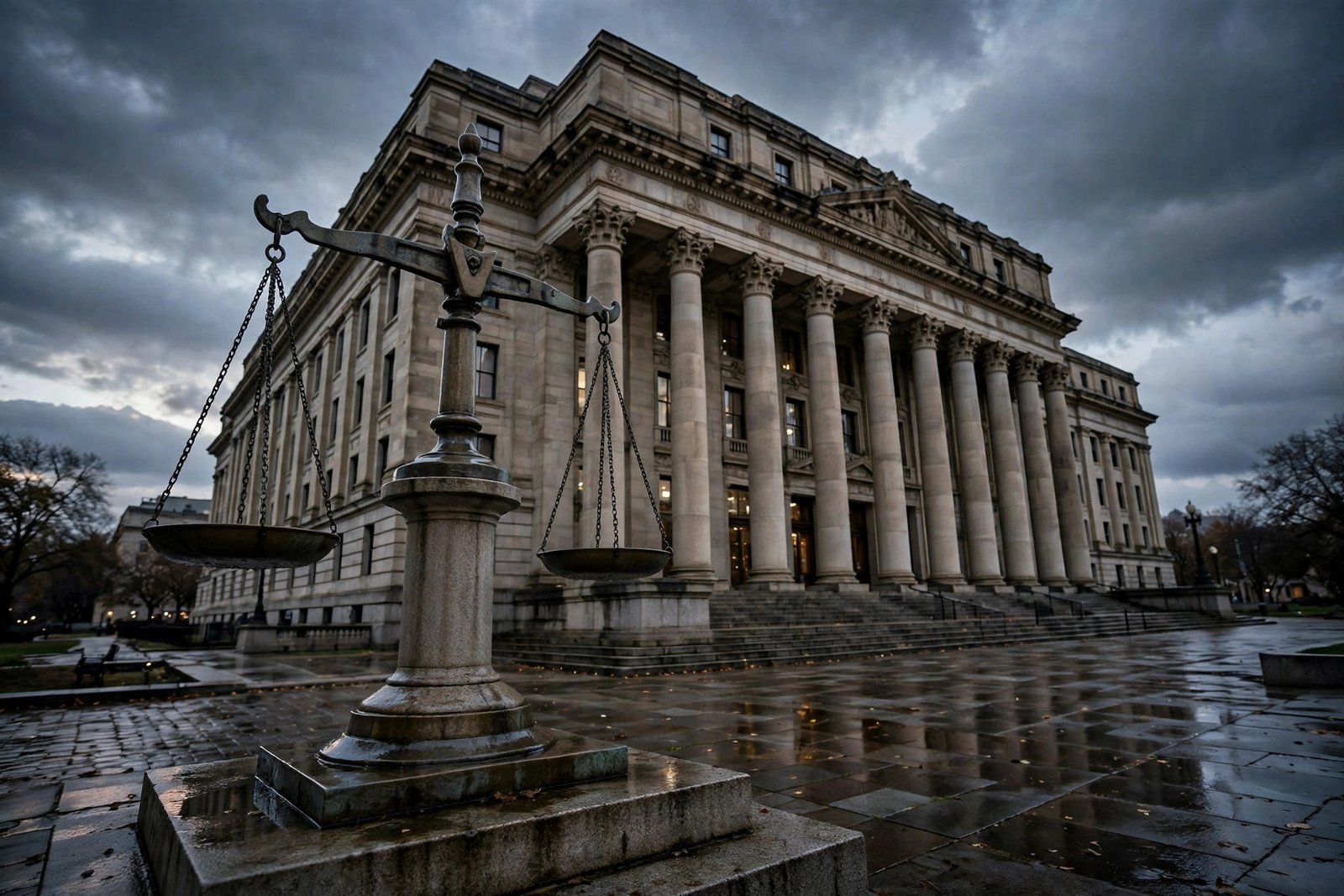 International courthouse at dusk with scales of justice sculpture, representing the International Criminal Court in The Hague