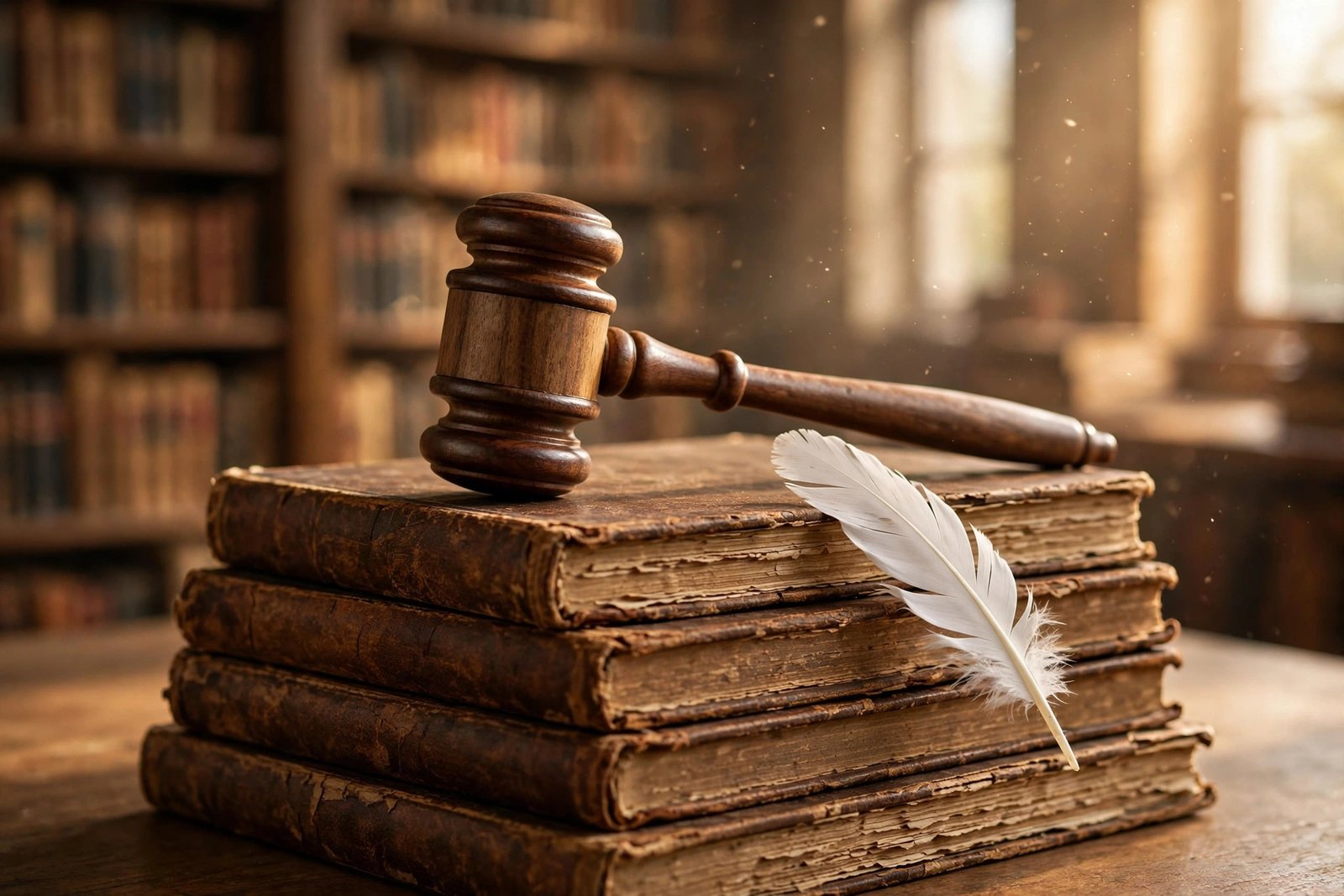 Judge's gavel resting on aged law books with a white dove feather, symbolizing Navi Pillay's lifelong fight for justice and human rights