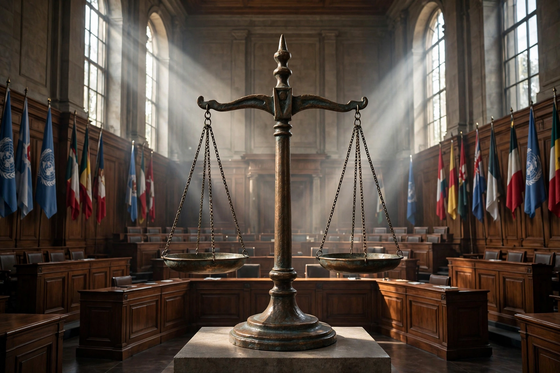 International courtroom with scales of justice, honoring the 2026 Nobel Peace Prize winner Navi Pillay