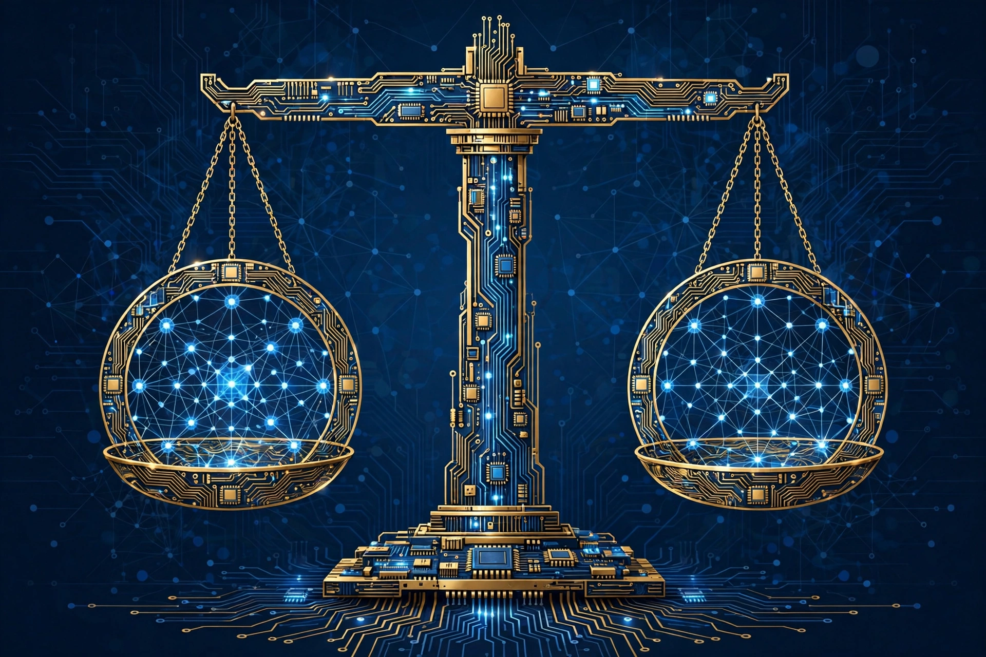 Scales of justice merged with glowing circuit-board patterns, symbolizing the eight-state OpenAI lawsuit testing AI accountability in court
