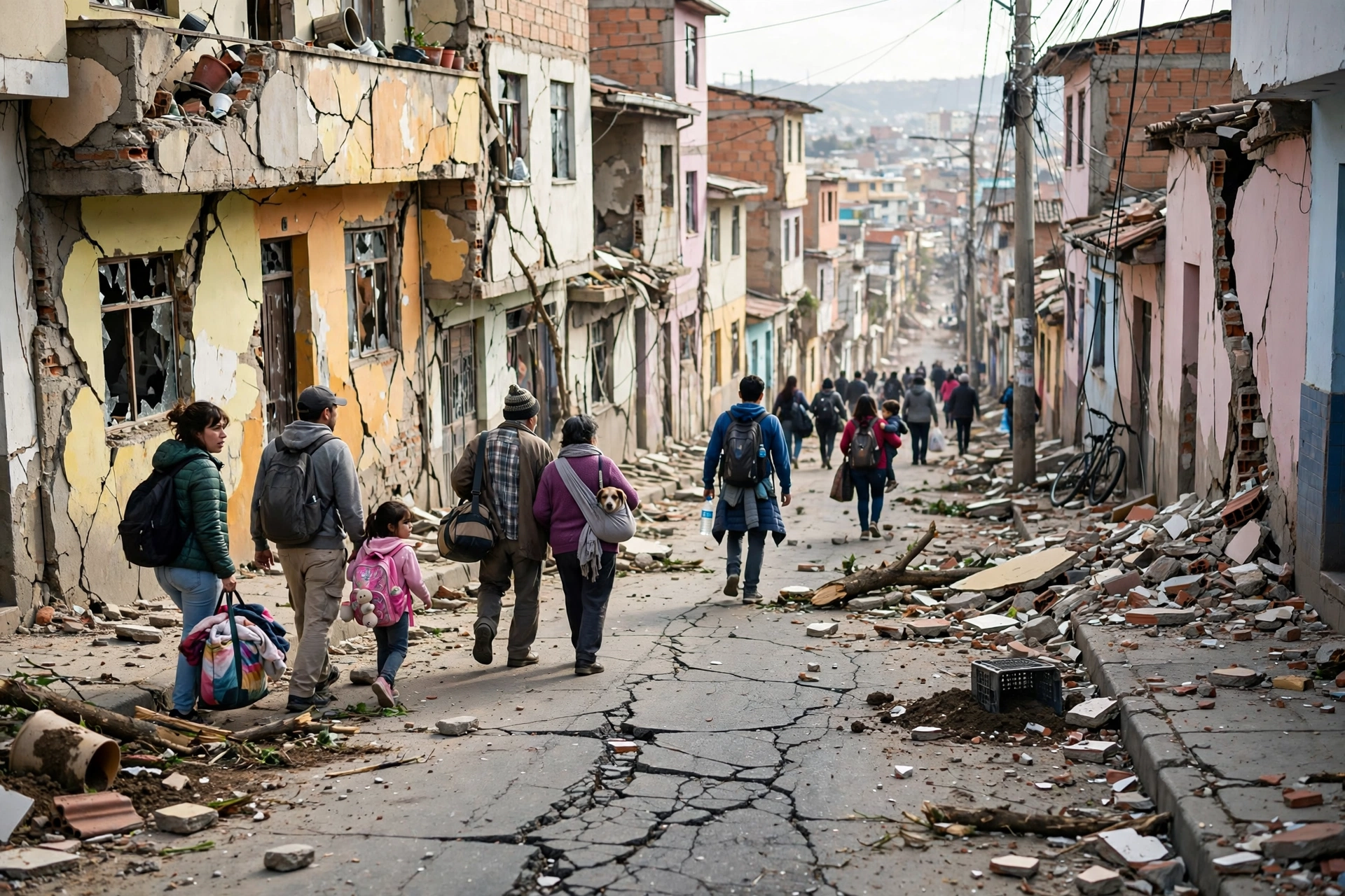 Residents evacuating a cracked street in Panama after the 7.7-magnitude earthquake